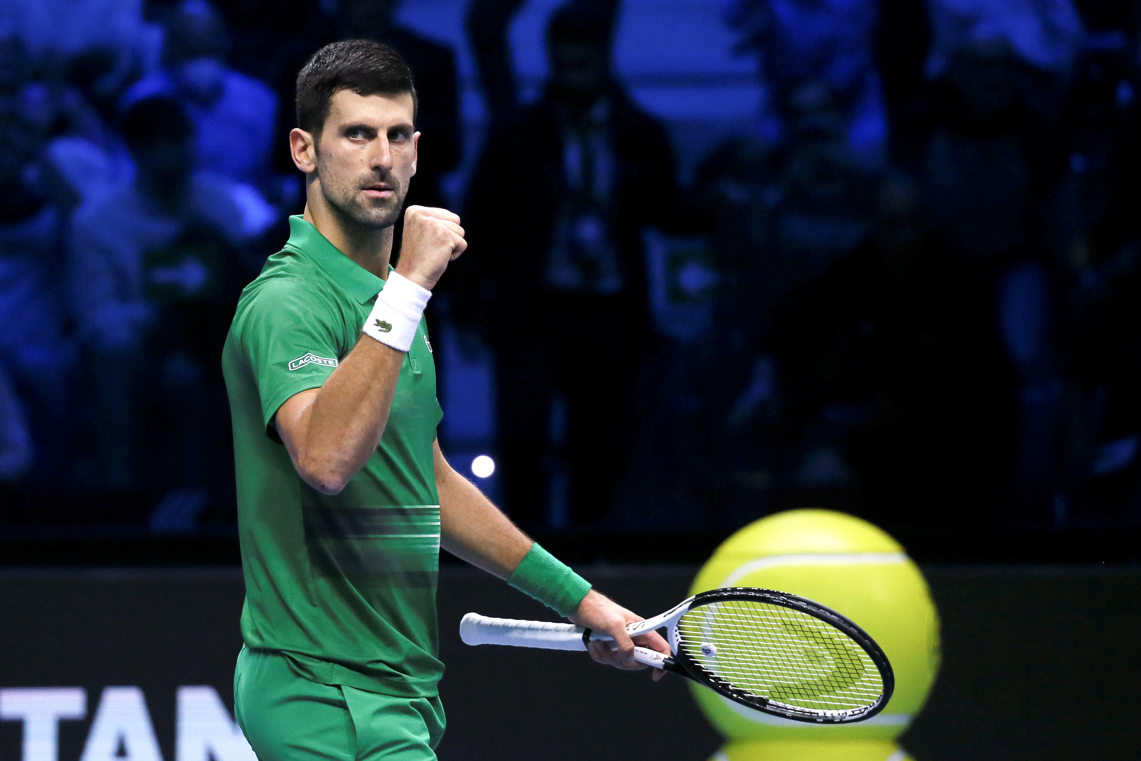 Novak Djokovic of Serbia reacts during a group stage match of the ATP Finals against Stefanos Tsitsipas of Greece in Turin, Italy. Photo: Xinhua