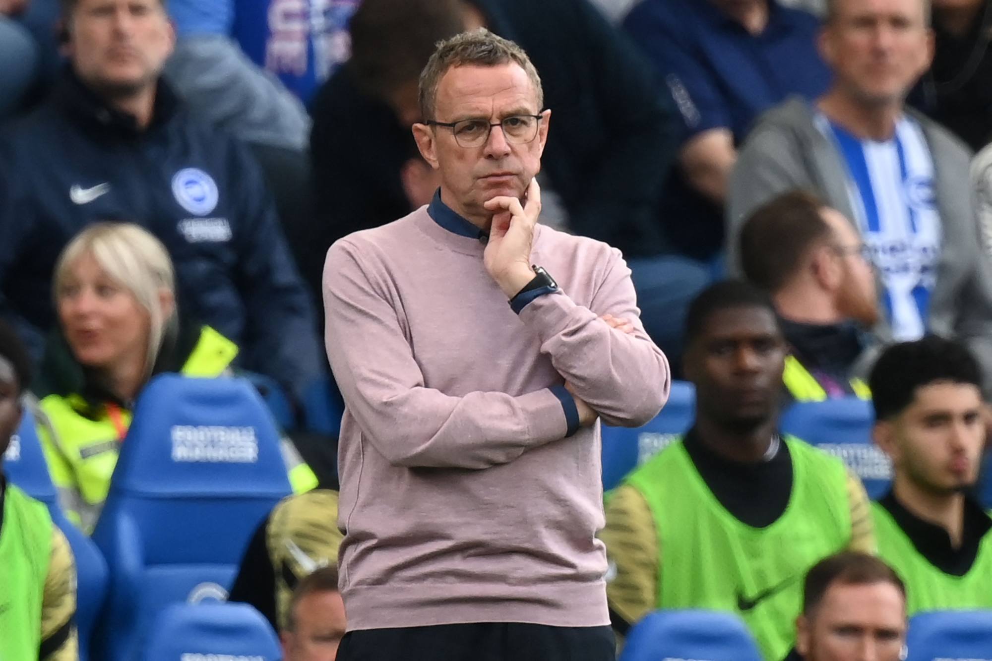 Former Manchester United interim head coach Ralf Rangnick looks on during a 4-0 defeat at Brighton and Hove Albion. Photo: AFP