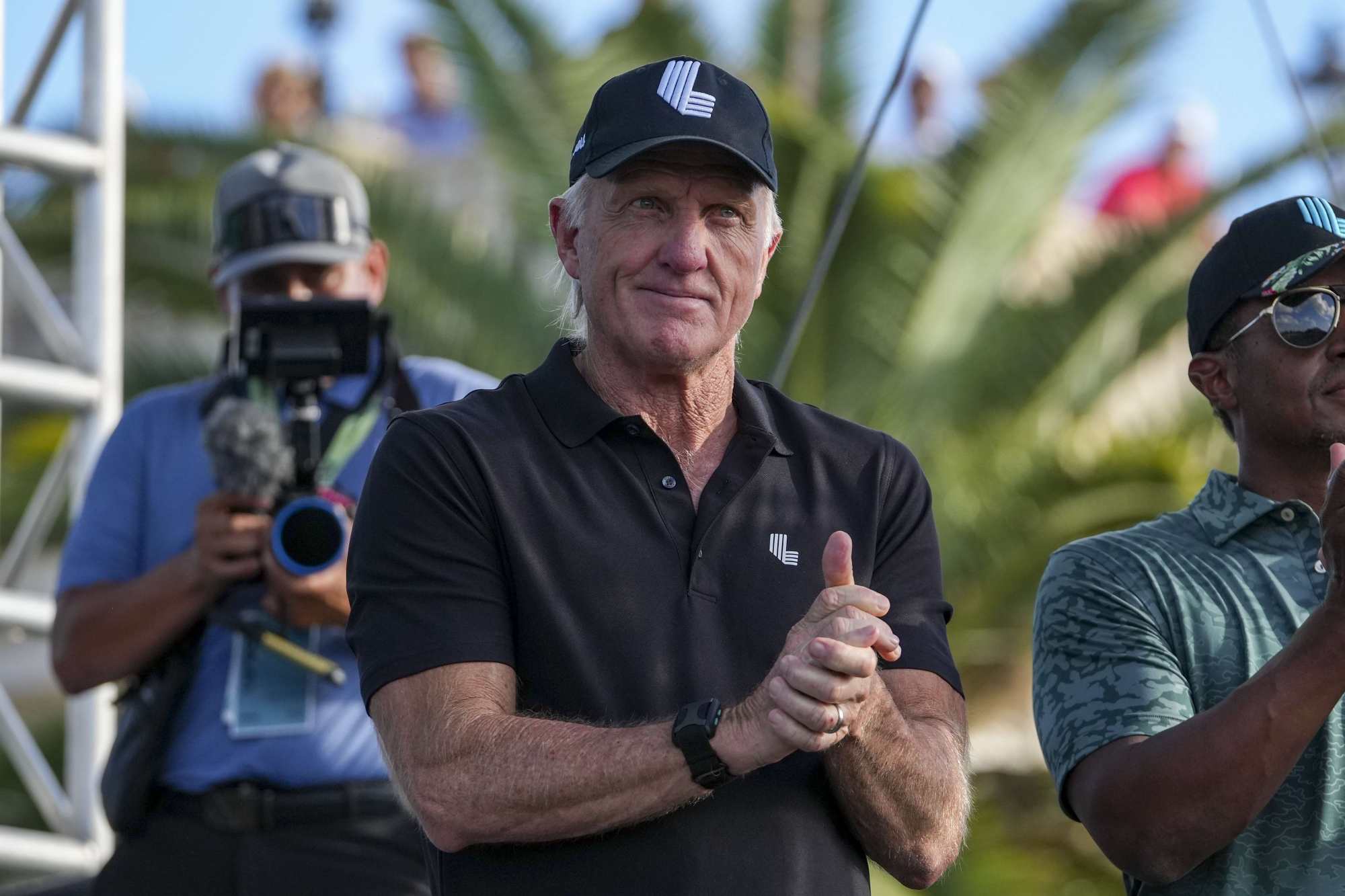 Greg Norman, CEO and commissioner of LIV Golf, is introduced to the crowd during the team championship stroke-play round of the LIV Golf Invitational – Miami at Trump National Doral Miami. Photo: AFP