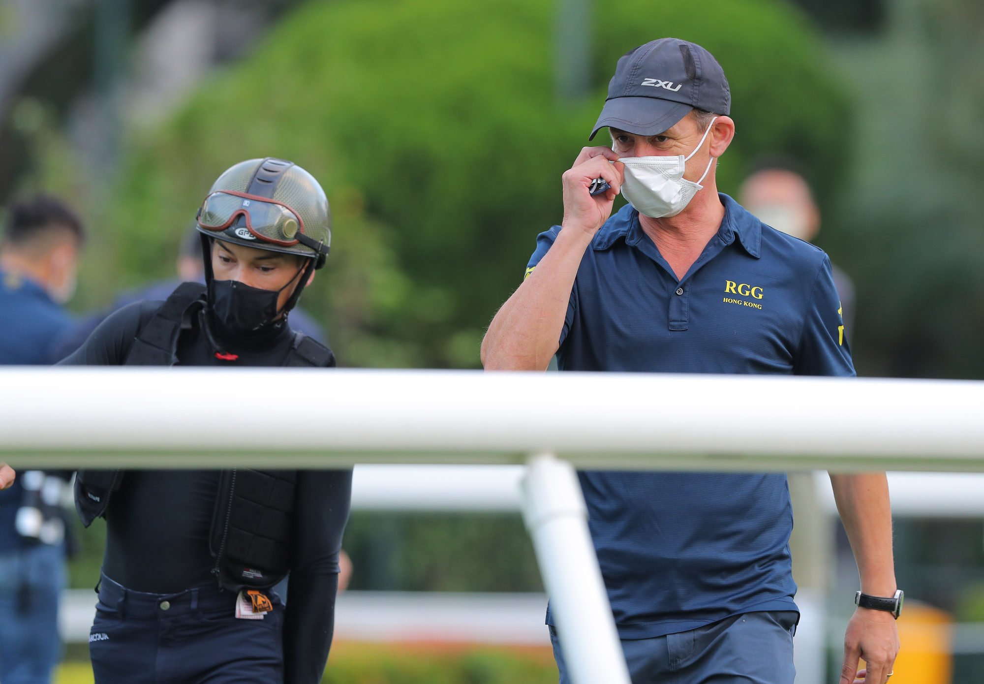 Wellington’s jockey, Alexis Badel, and trainer, Richard Gibson, at Sha Tin trackwork on Thursday morning.