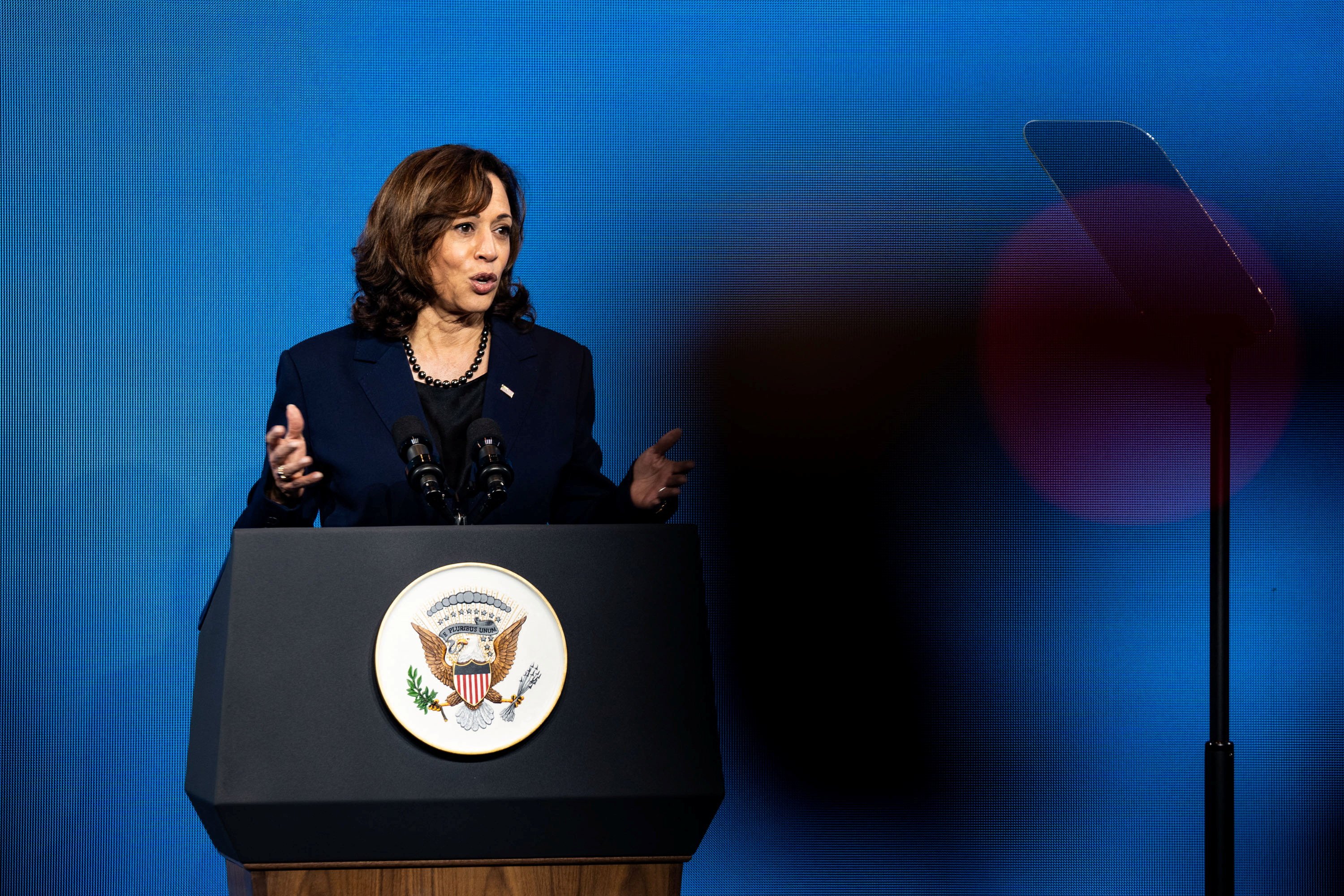 Vice-President Kamala Harris addresses the Apec CEO summit in Bangkok on Friday. Photo: Reuters