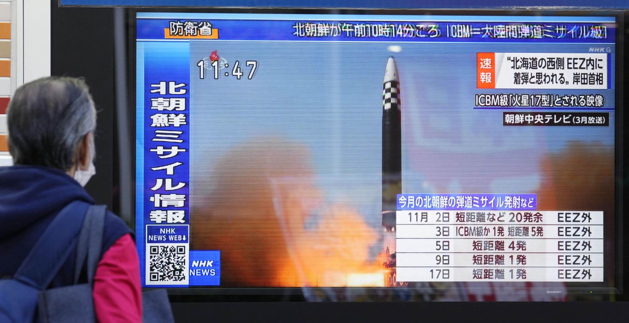 A roadside screen in Tokyo displays a news report about North Korea’s ballistic missile launch on Friday. Photo: Kyodo