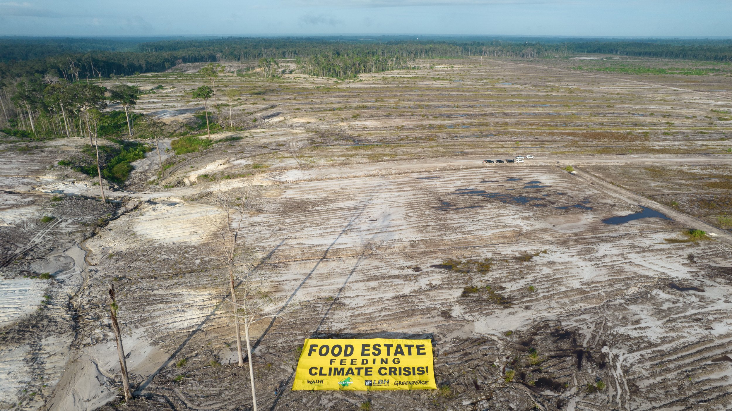 To protest the clearing of customary land in Kalimantan or Indonesian Borneo to make way for “food estates” or industrial agriculture programmes, climate activists in Indonesia unfurled a massive banner at Gunung Mas in Central Kalimantan that read “Food Estate Feeding Climate Crisis”. Photo: Greenpeace