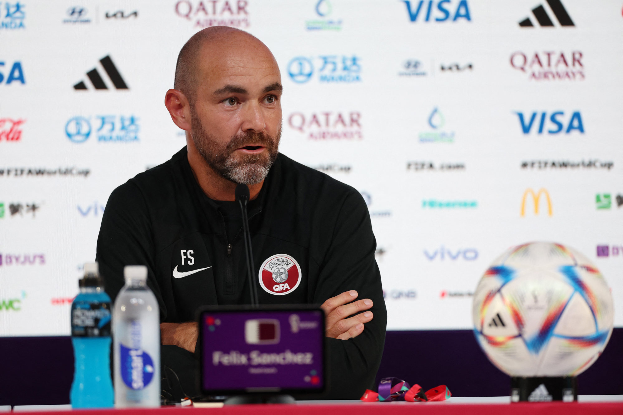 Qatar coach Felix Sanchez speaks to the press ahead of his side’s opening game against Ecuador. Photo: Reuters