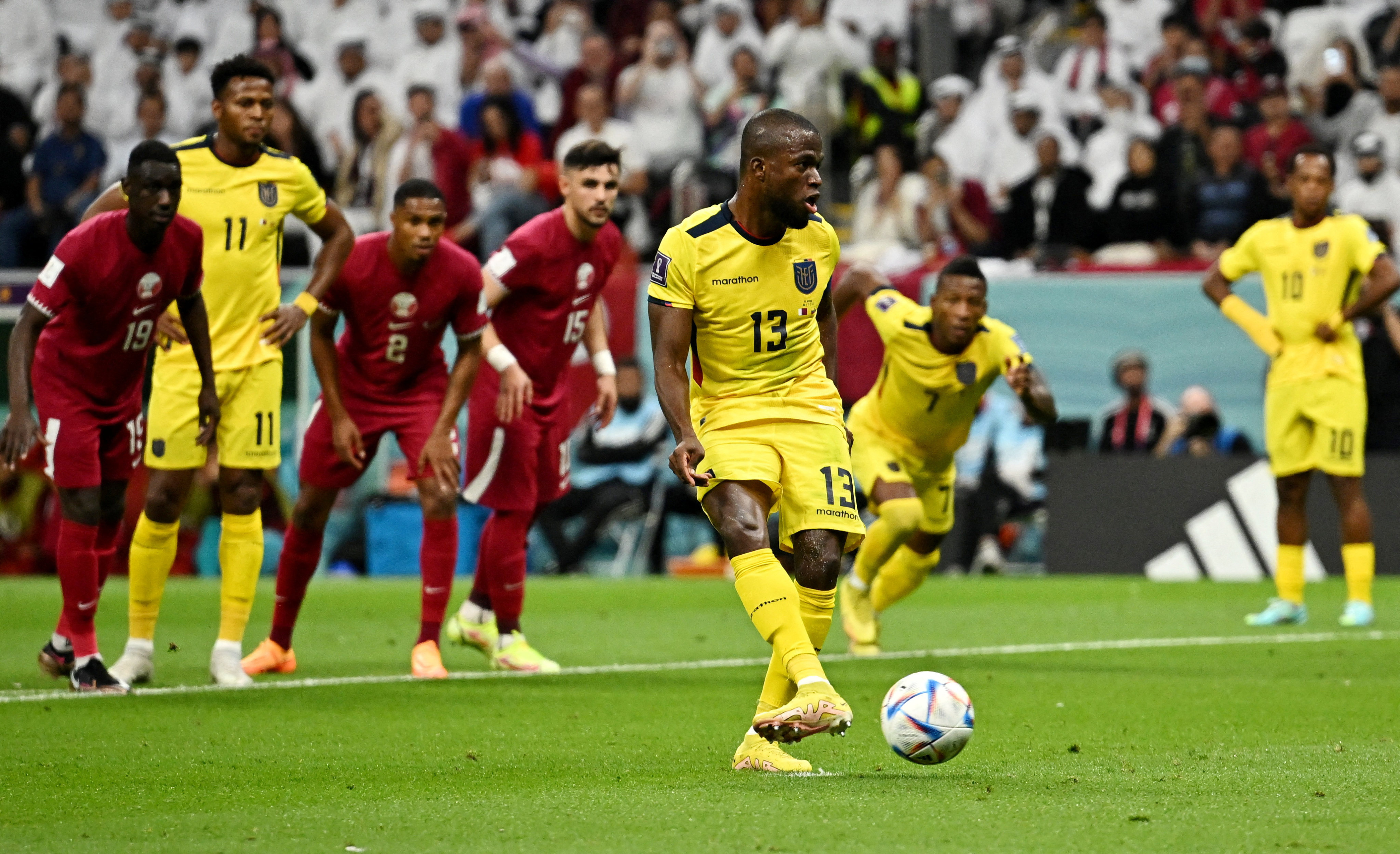 Ecuador’s Enner Valencia scores the first goal of the 2022 World Cup from the penalty spot. Photo: Reuters