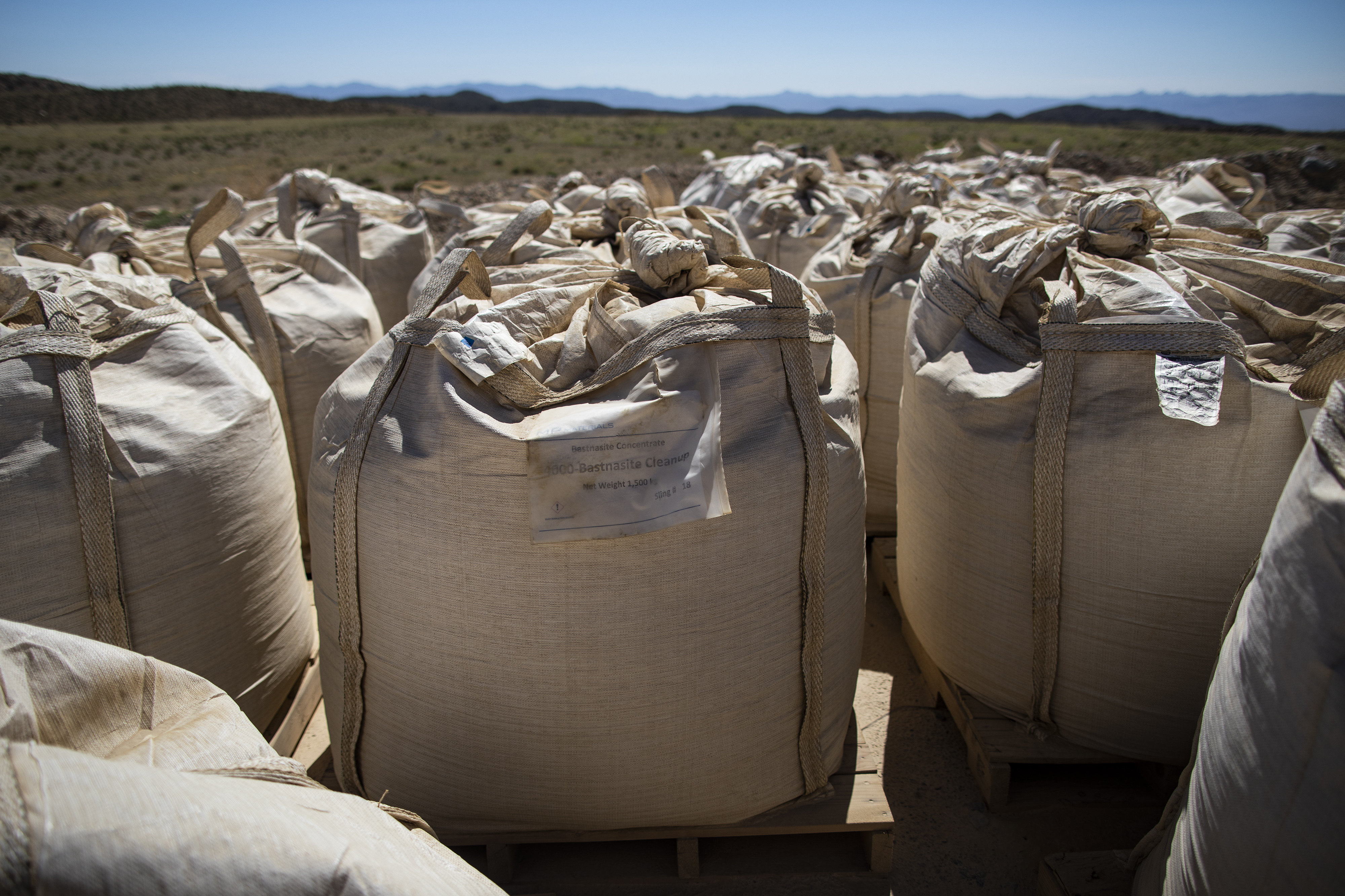 Bags of rare earth concentrates are ready for transport to China for processing, at the Mountain Pass mine operated by MP Materials of California in 2019. China dominates the downstream processing stages of several critical minerals mined elsewhere. Photo: Bloomberg