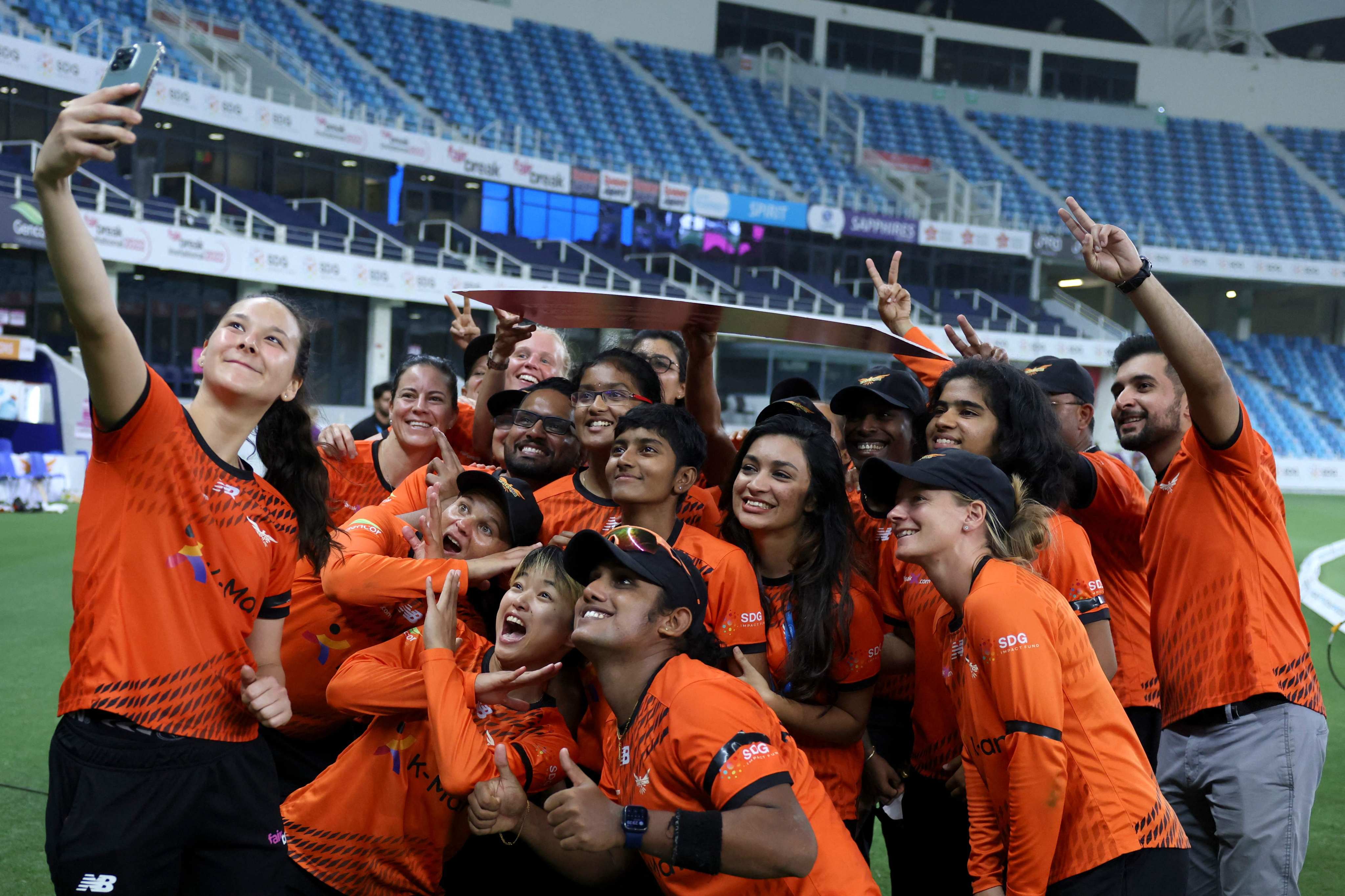Falcons’ players pose for a selfie after the 2022 FairBreak women’s Twenty20 tournament. Photo: AFP
