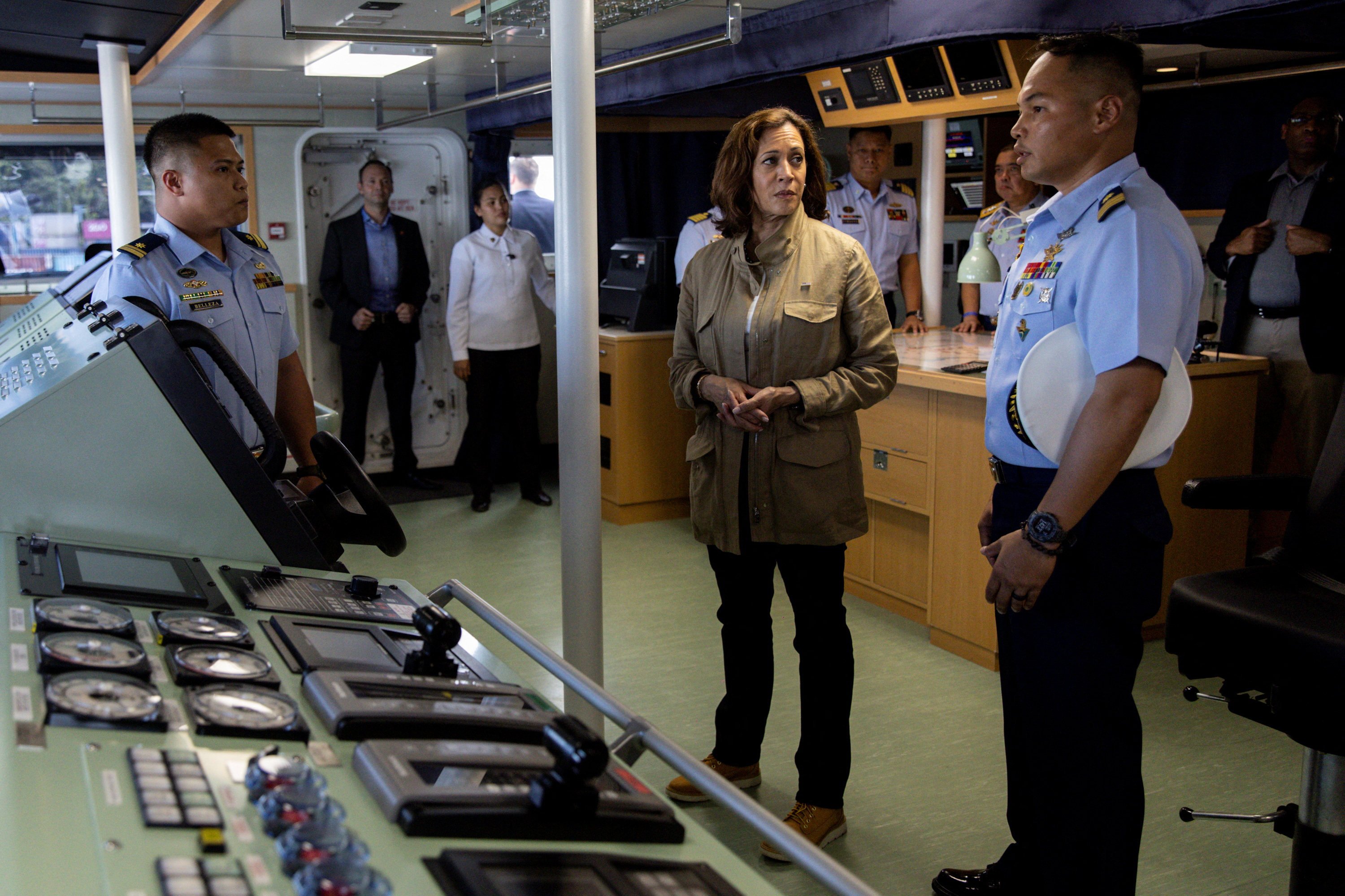 US Vice-President Kamala Harris tours inside a Philippines coastguard ship in Puerto Princesa, Palawan, on Tuesday. Photo: Reuters