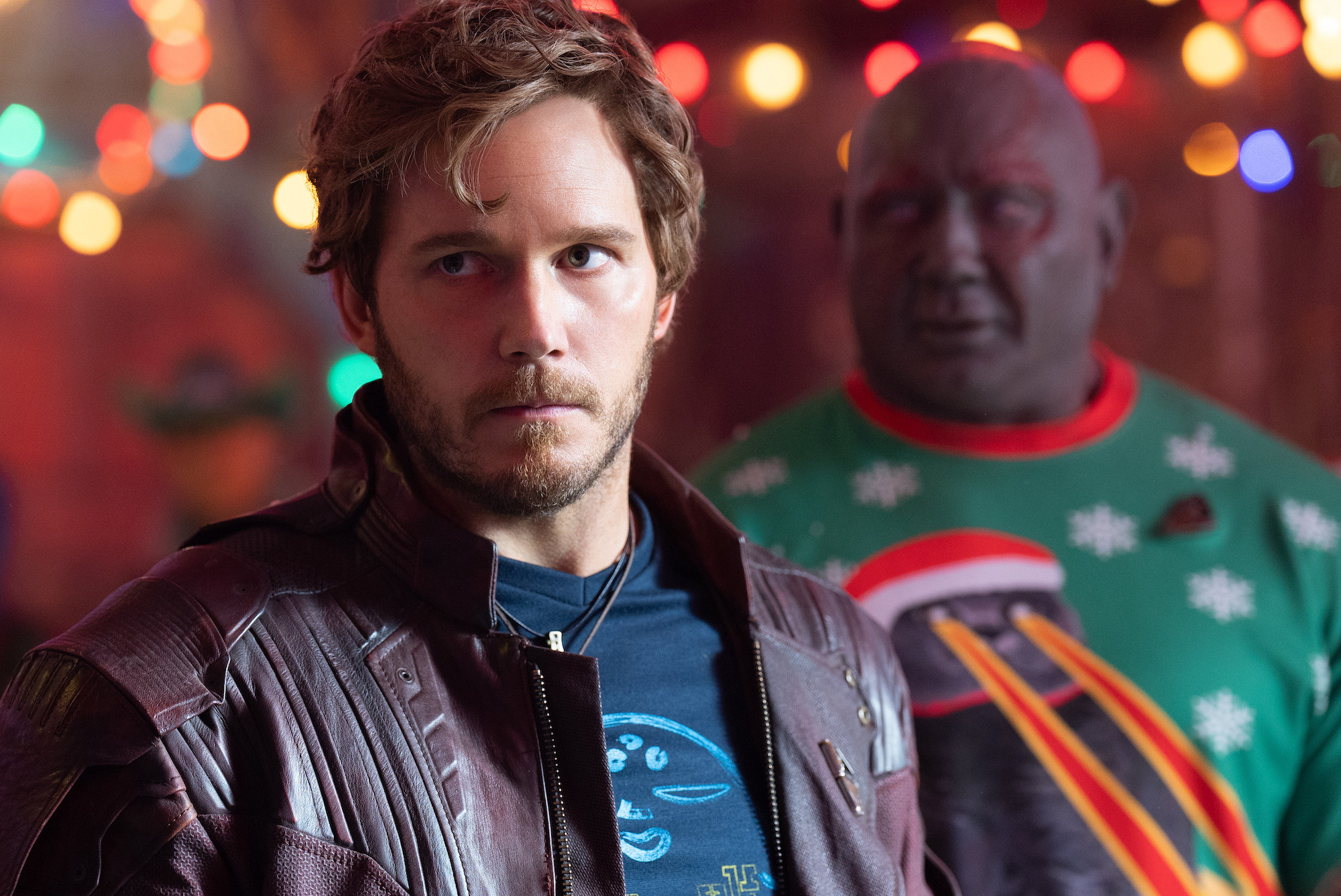 Chris Pratt (front) and Dave Bautista in a still from The Guardians of the Galaxy Holiday Special.