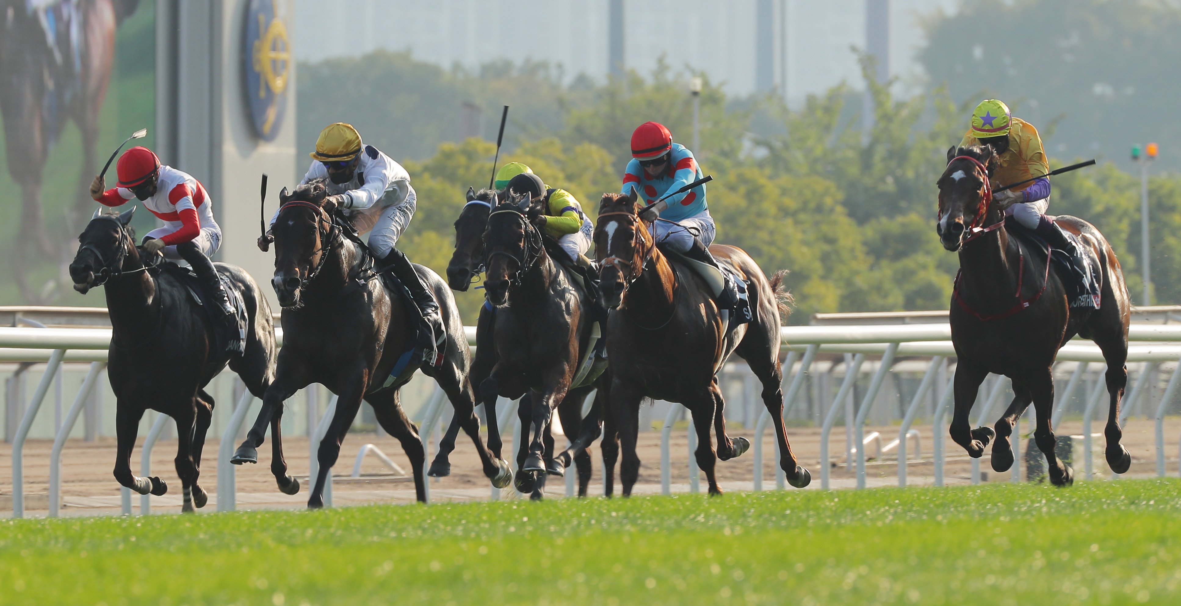 Golden Sixty (yellow and white) wins the 2021 Hong Kong Mile, with Japanese raider Salios (blue and red) finishing third. Photo: Kenneth Chan