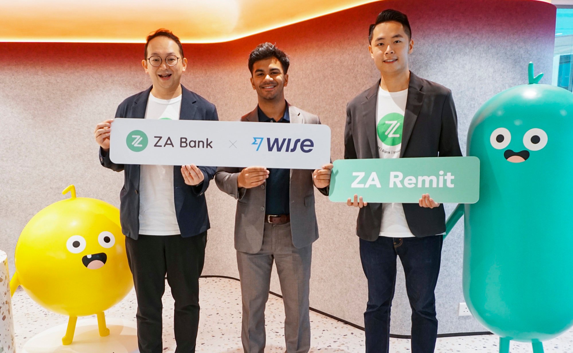 Calvin Ng (from left), alternate chief executive and co-head of retail banking at ZA Bank, Vinay Palathinkal, regional head of Wise and James Chan, director of retail banking at ZA Bank. Photo: Handout