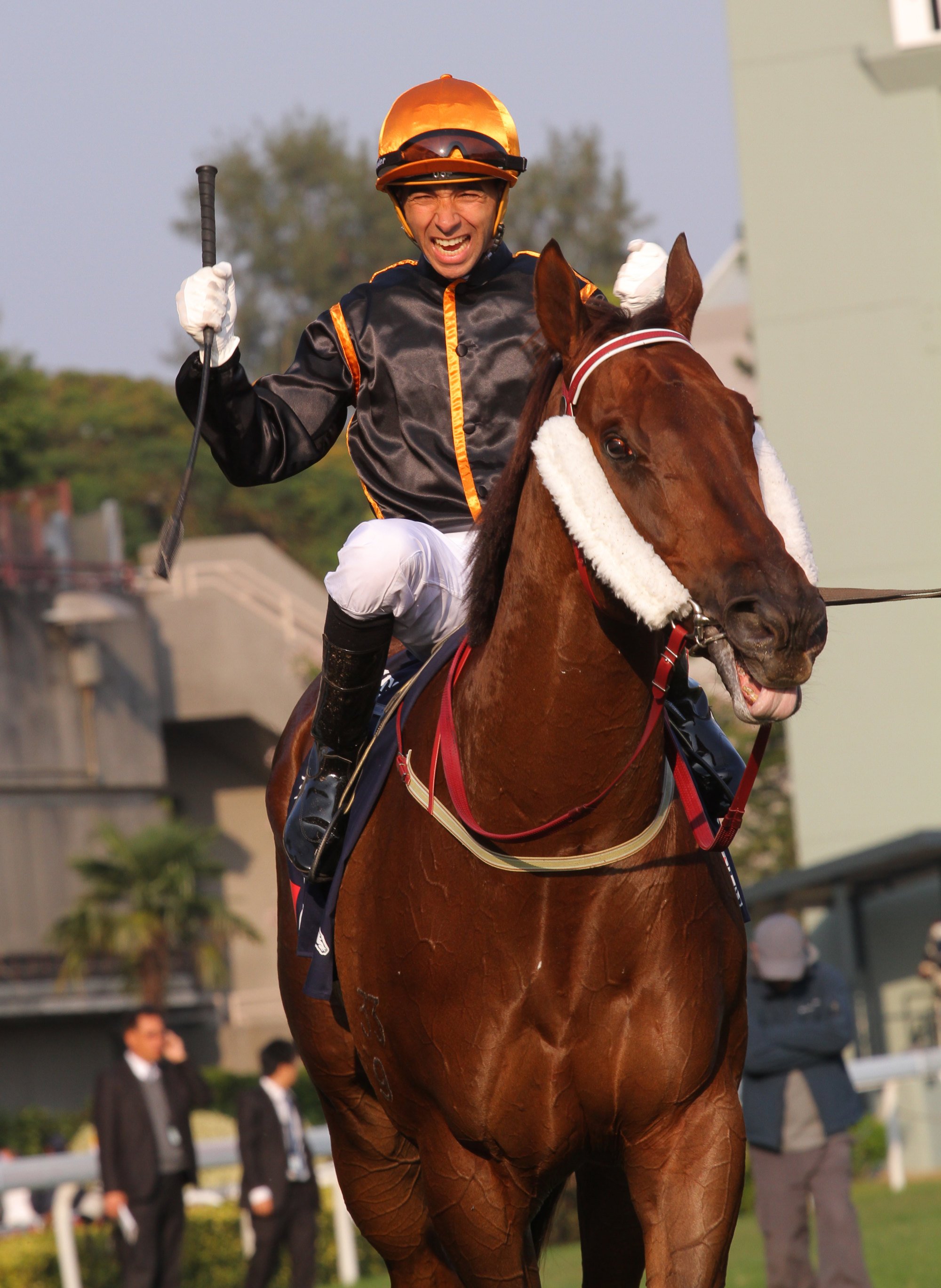 Joao Moreira celebrates a victory aboard the great Able Friend.