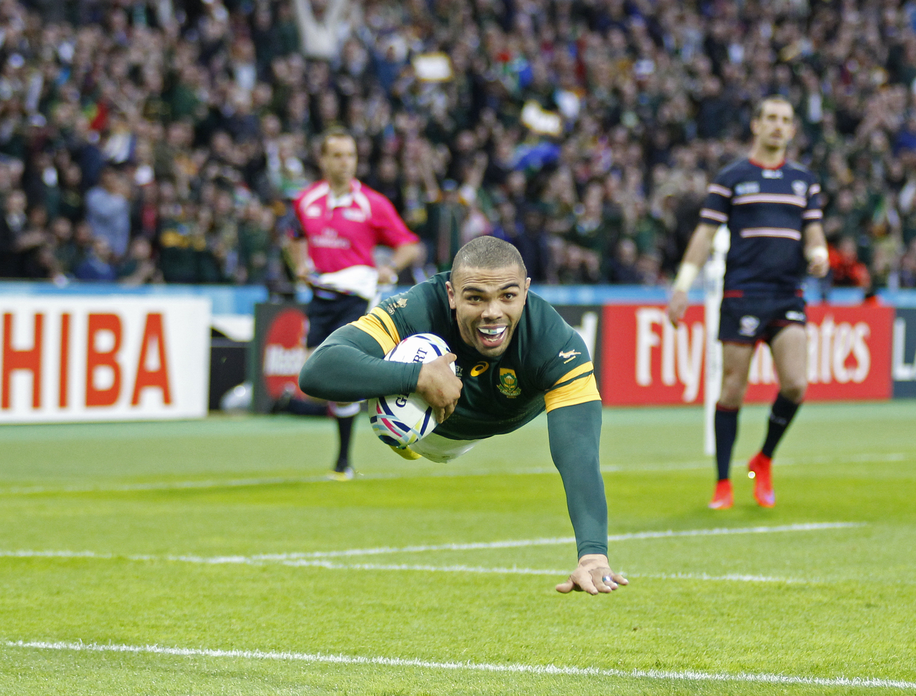 Bryan Habana shows his power during his playing days, as he scores a try at the 2015 Rugby World Cup. Photo: Getty Images