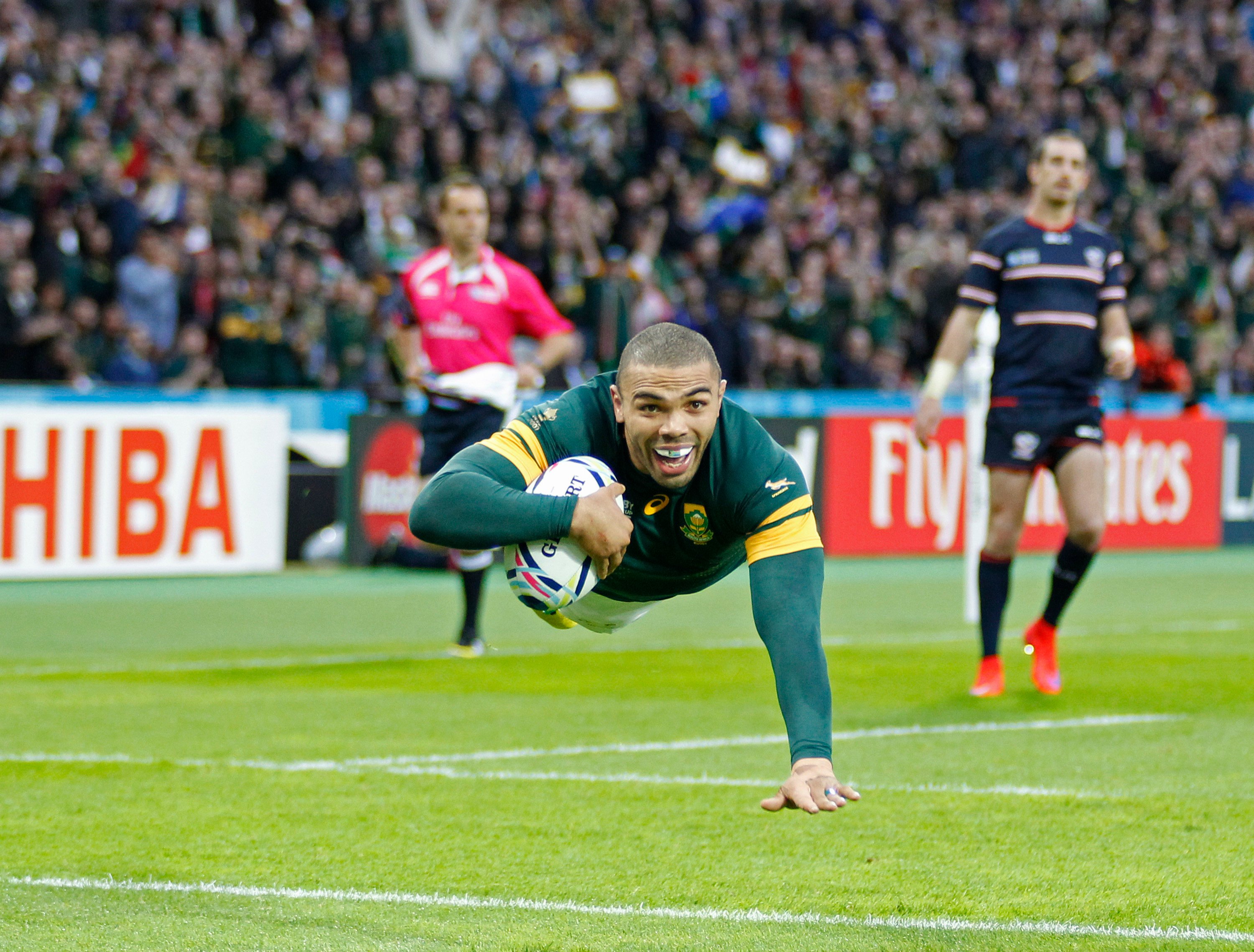 Bryan Habana shows his power during his playing days, as he scores a try at the 2015 Rugby World Cup. Photo: Getty Images