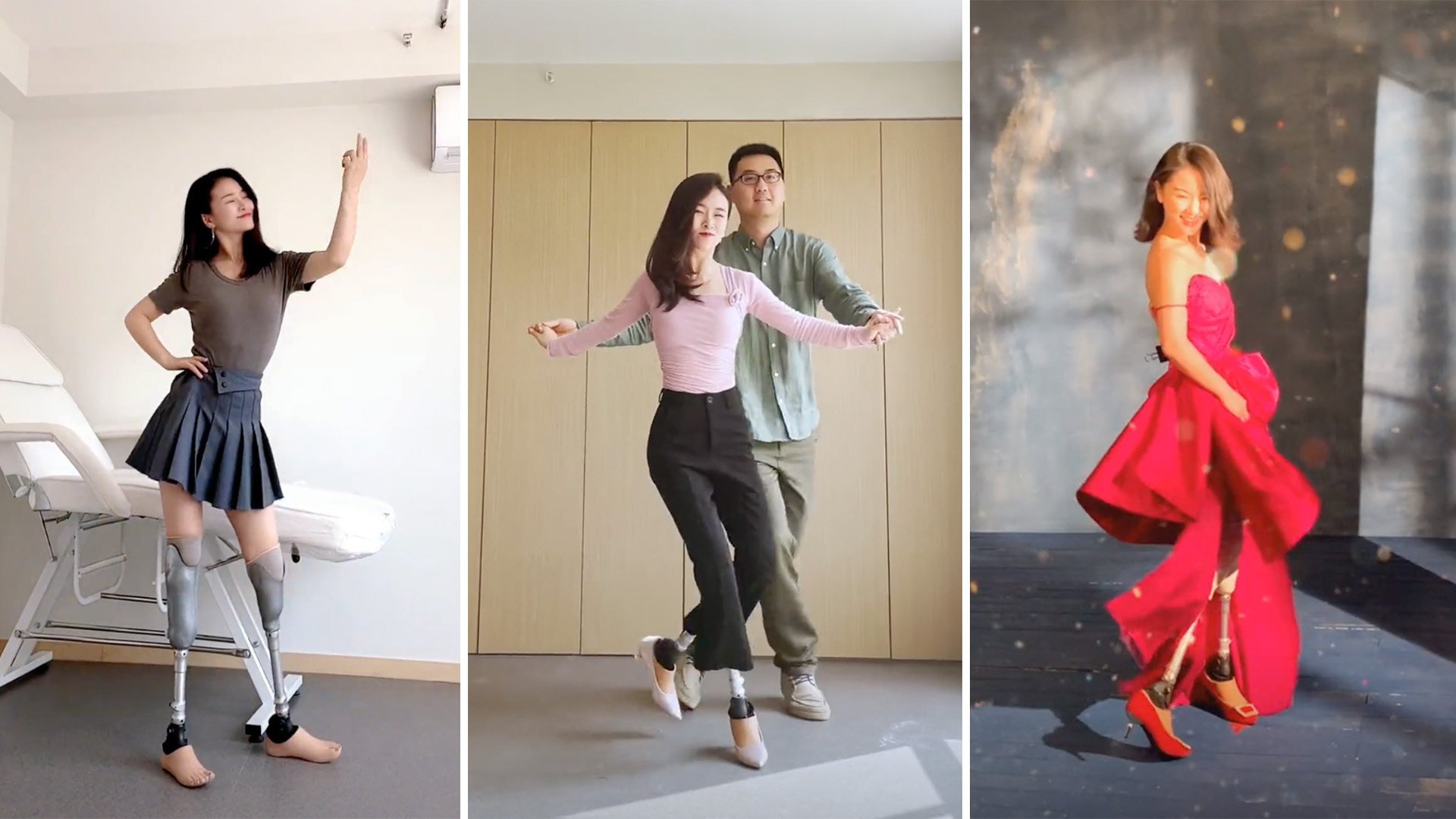 A Chinese earthquake victim who lost both her legs says dancing in high heels again, made possible by artificial limbs designed by her husband, brings her so much joy. Photo: SCMP Composite.