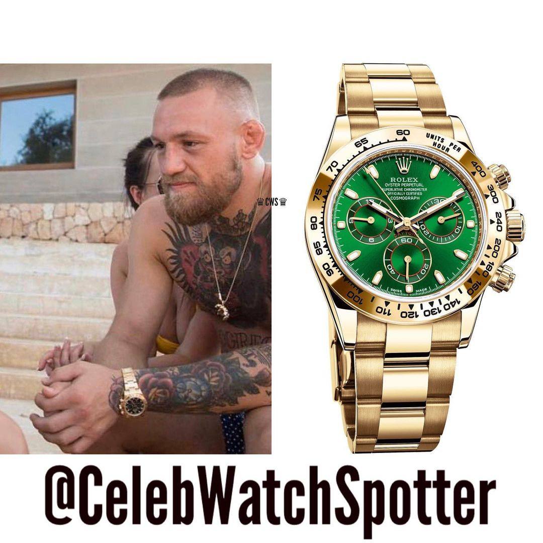 UFC Fighter Conor McGregor was spotted wearing gold Rolex Daytona With a Green Dial. Photo: Instagram/@celebritywatchspotter