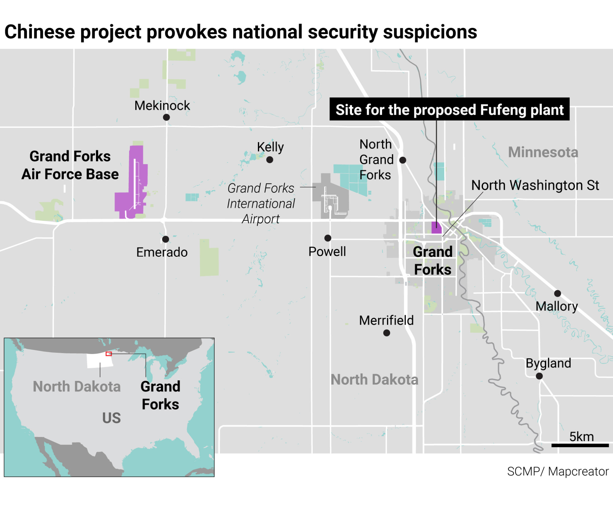 Fufeng’s proposed corn-milling plant is about 12 miles east of Grand Forks Air Force Base. Map: SCMP