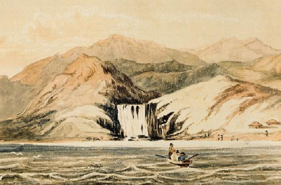 Waterfall Bay on Hong Kong Island in an 1816 watercolour by William Havell. That year, a British naval surgeon who explored the area around the bay wrote of seeing “barren rocks”. Hong Kong was later to be descrbed derisively as “a barren rock”. 