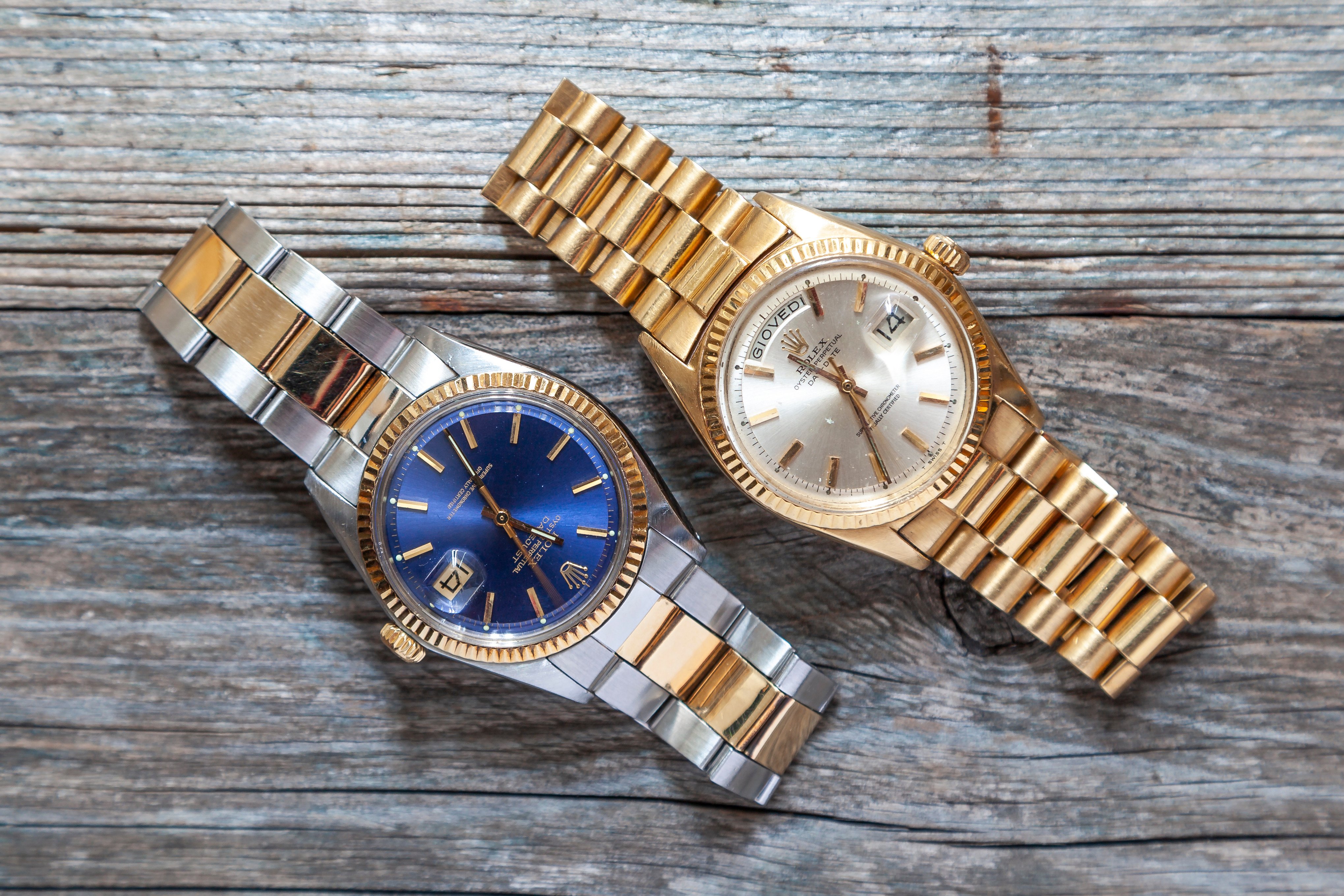 A Rolex Oyster Perpetual Day-Date (right) and Oyster Blue watch. The Swiss company will begin certifying as genuine secondhand models sold by authorised dealers. Photo: Shutterstock