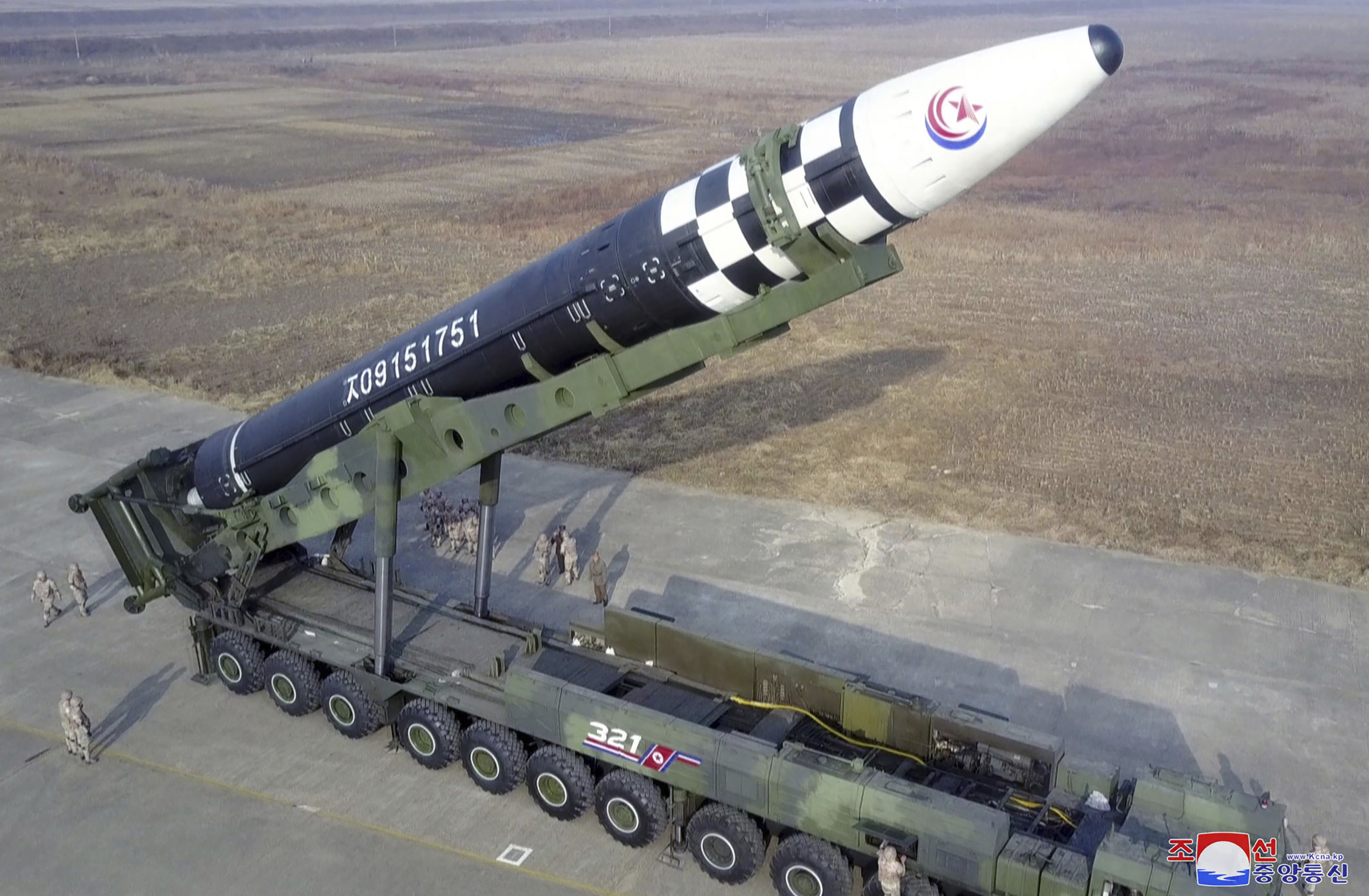 A photo provided by the North Korean government shows what it says is a Hwasong-17 intercontinental ballistic missile before its test firing at Pyongyang International Airport. Photo: AP
