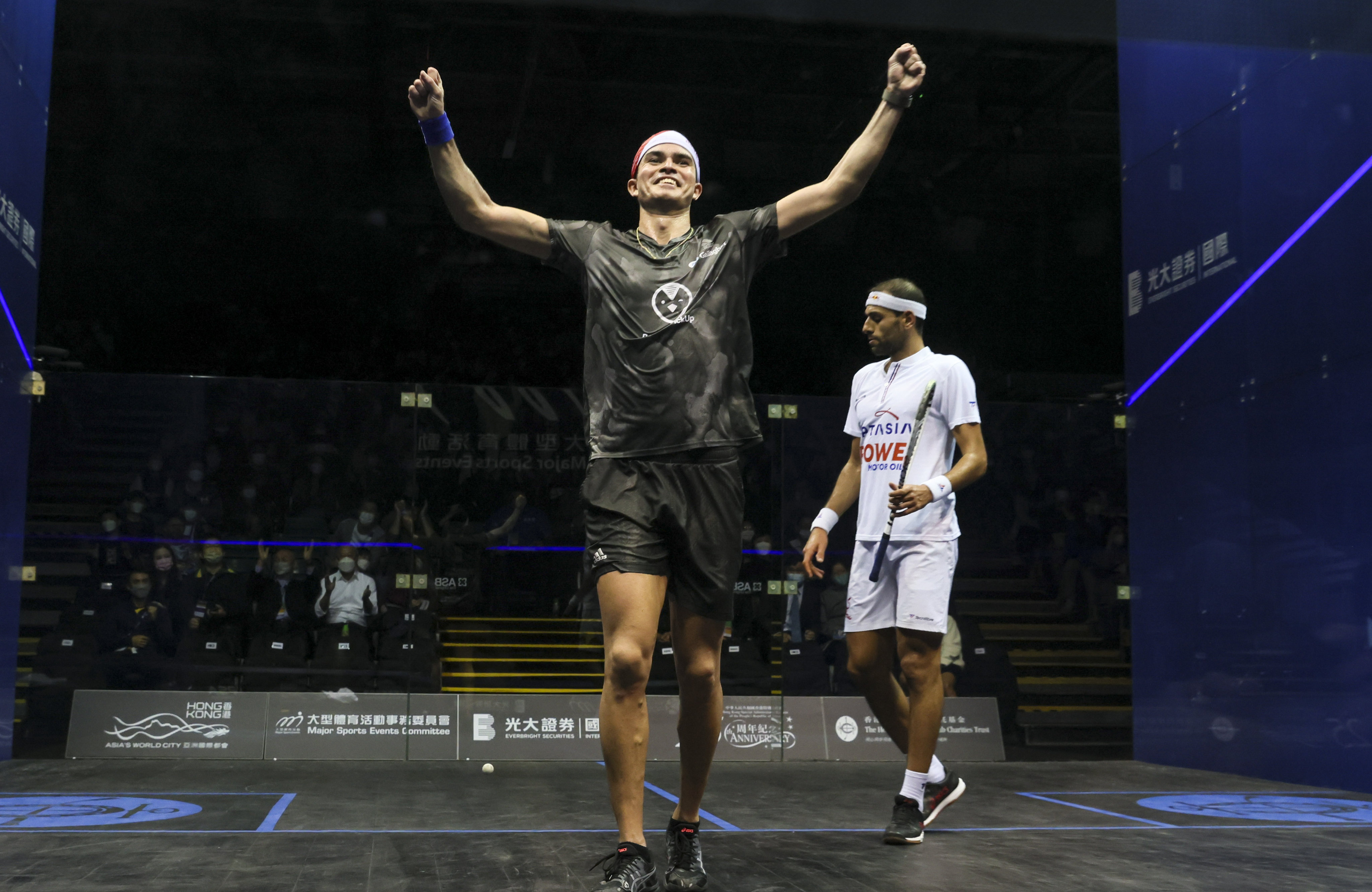 Diego Elias celebrates  his win over Mohamed ElShorbagy at the Hong Kong Squash Open. Photo: Dickson Lee