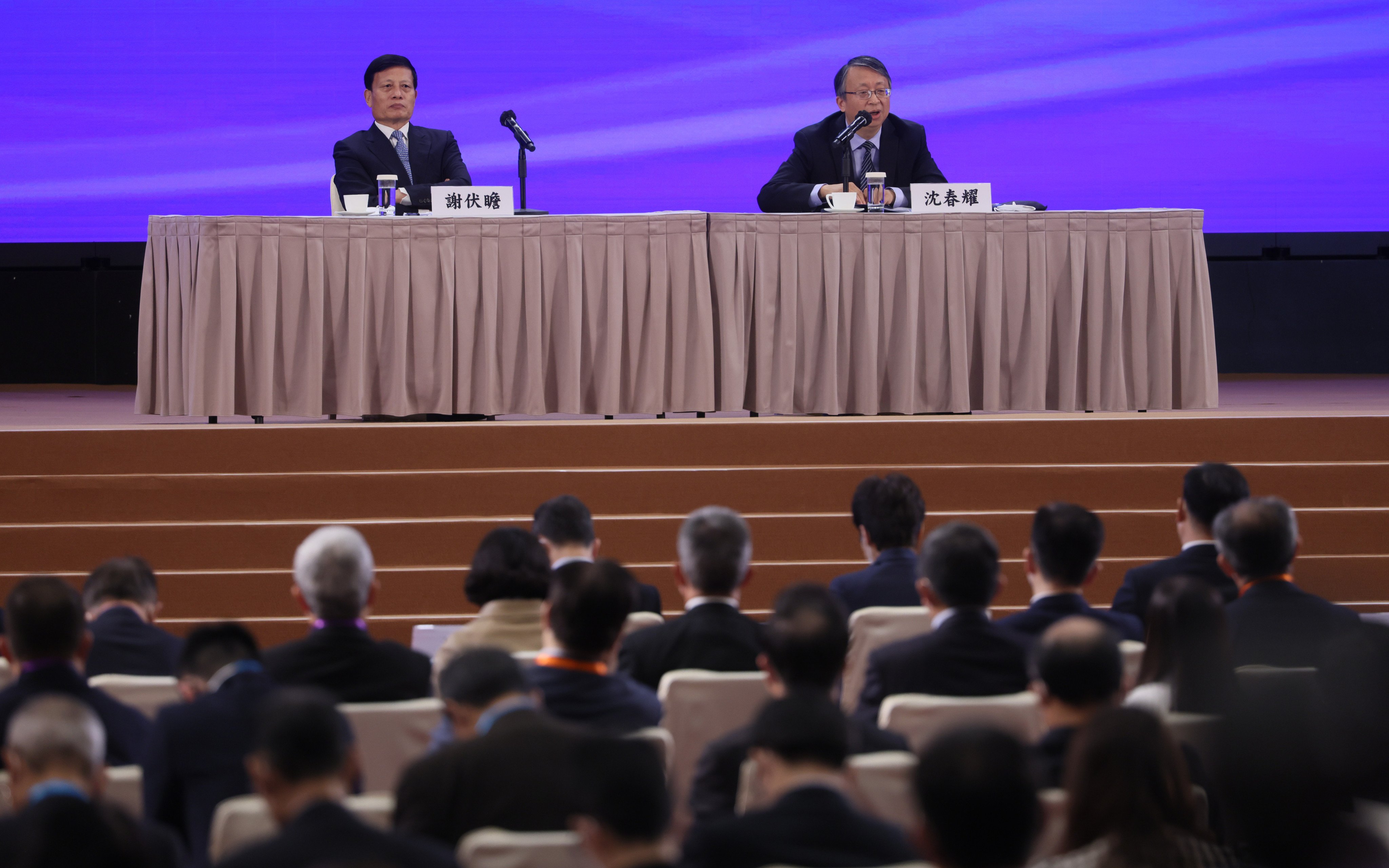 Xie Fuzhan (left), vice-chairman for the Committee on Economic Affairs of the Chinese People’s Political Consultative Conference, sits alongside Shen Chunyao, chairman of the Legislative Affairs Commission for the National People’s Congress Standing Committee. Photo: Dickson Lee.