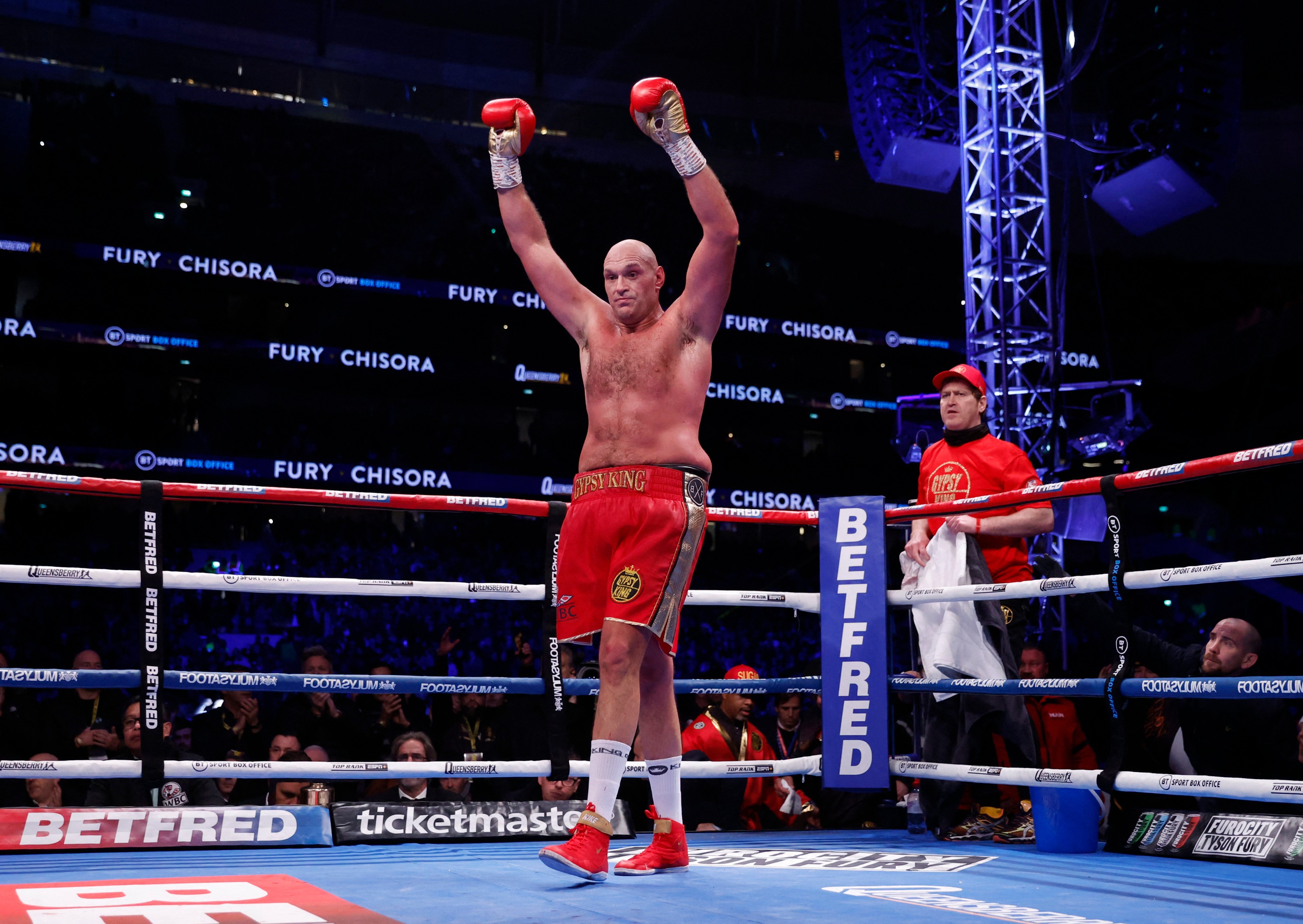 Tyson Fury celebrates after winning his fight against Derek Chisora. Photo: Reuters