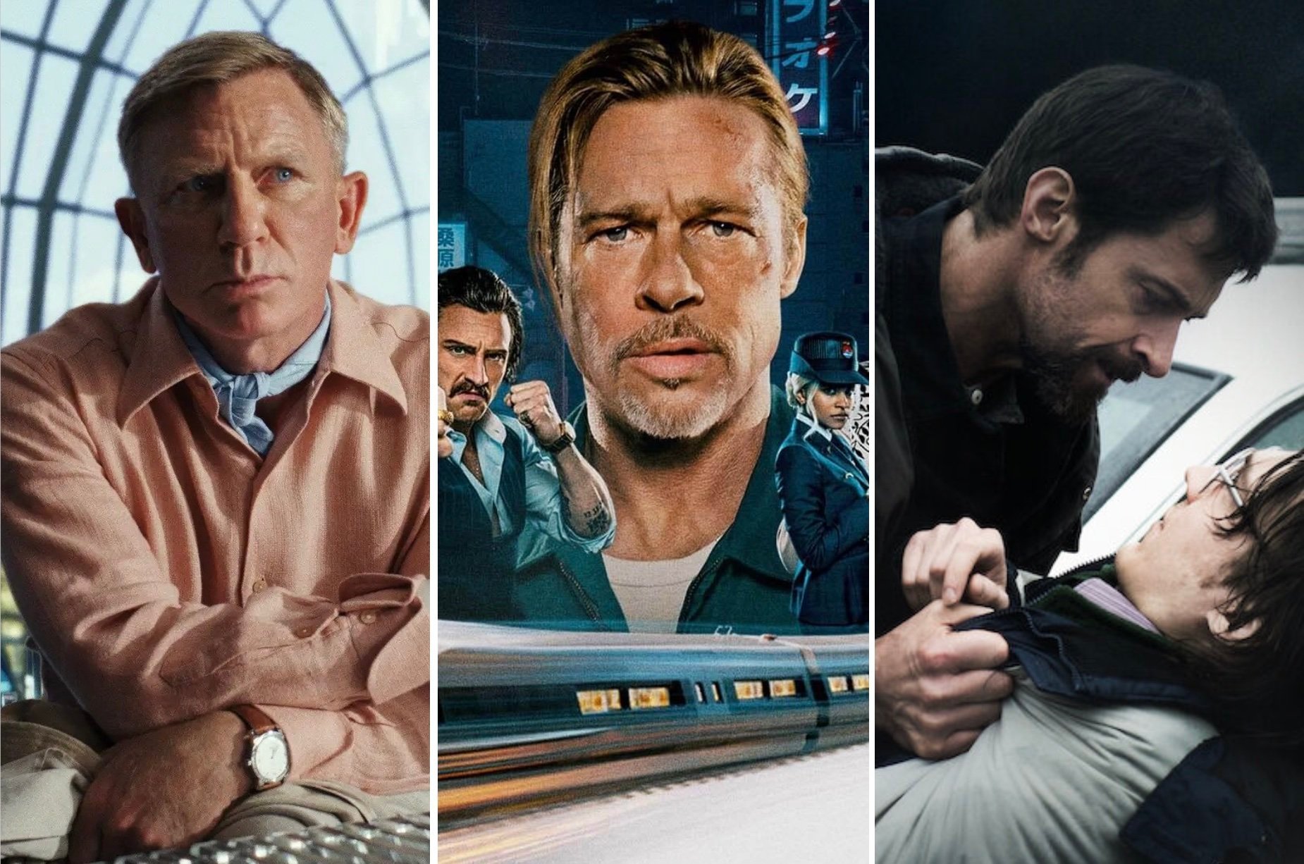 Daniel Craig in Glass Onion, Brad Pitt in Bullet Train and Hugh Jackman in Prisoners. Photos: Netflix, Sony Columbia Pictures