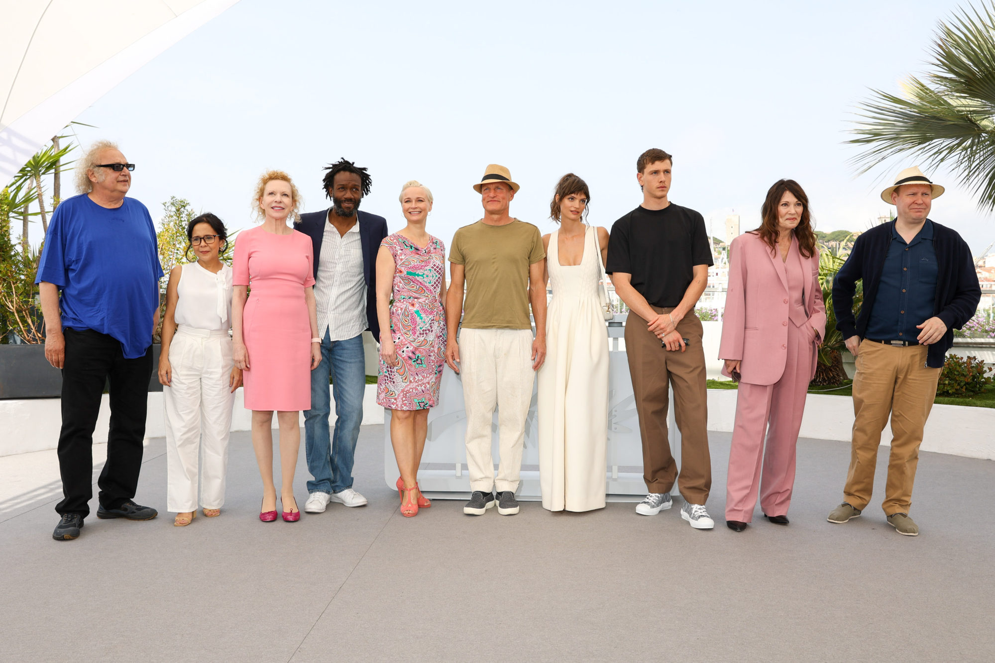 The Triangle of Sadness cast in Cannes, France, including De Leon (2nd from left) and Dean (4th from right). Photo: Getty Images