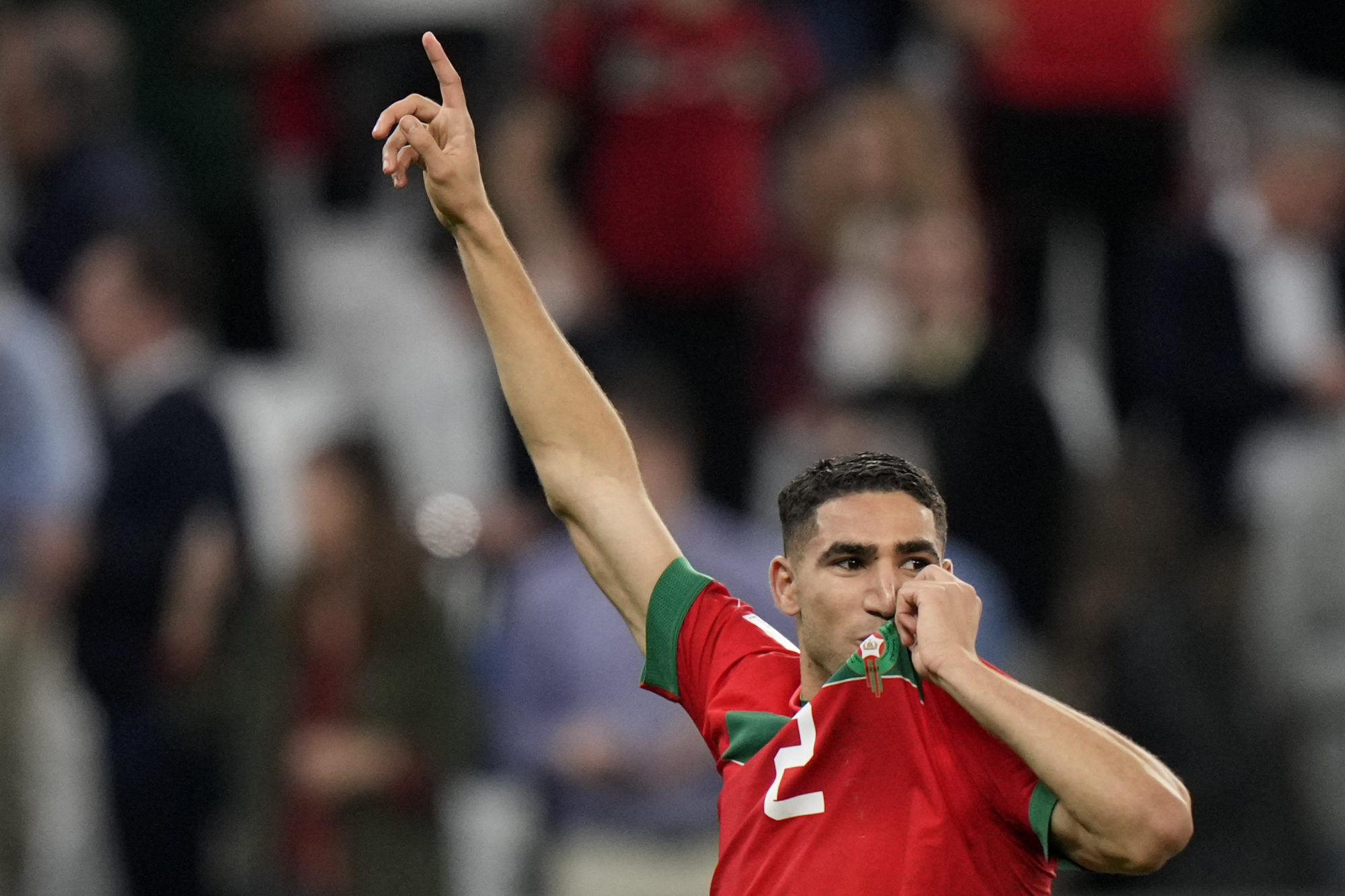 Morocco’s Achraf Hakimi celebrates after the World Cup round of 16 soccer match between Morocco and Spain at the Education City Stadium in Al Rayyan, Qatar on Tuesday. Photo: AP