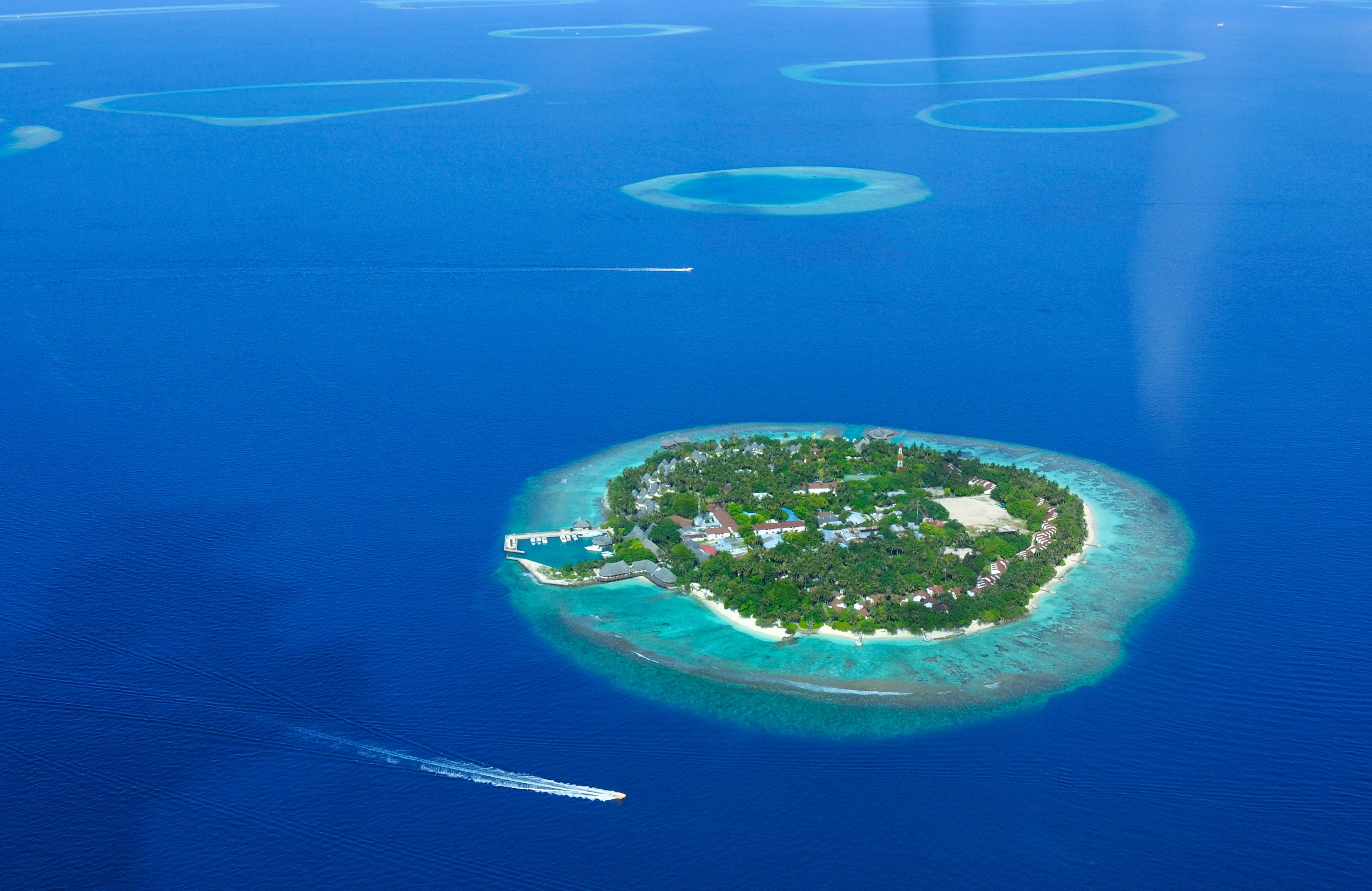 An aerial view of Bandos Island Resort, one of the first to open in the Maldives 50 years ago, when the Indian Ocean island nation was a novel travel destination few had heard of. Photo: Getty Images
