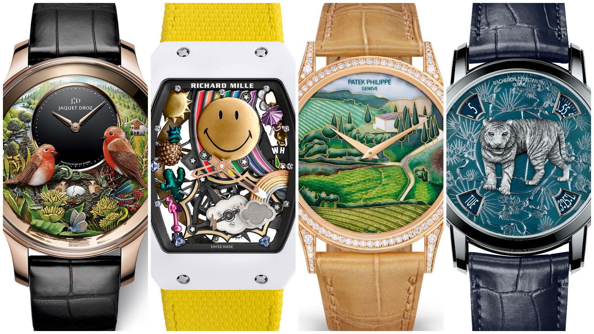 SCMP STYLE’s pick of some of the best art-inspired watches of 2022, (L-R): Jaquet-Droz Bird Repeater, Richard Mille RM 88 Automatic Winding Tourbillon Smiley, Patek Philippe Calatrava 5077R Italian Scenes / Tuscany, Vacheron Constantin Legend of the Chinese Zodiac: Year of the Tiger
