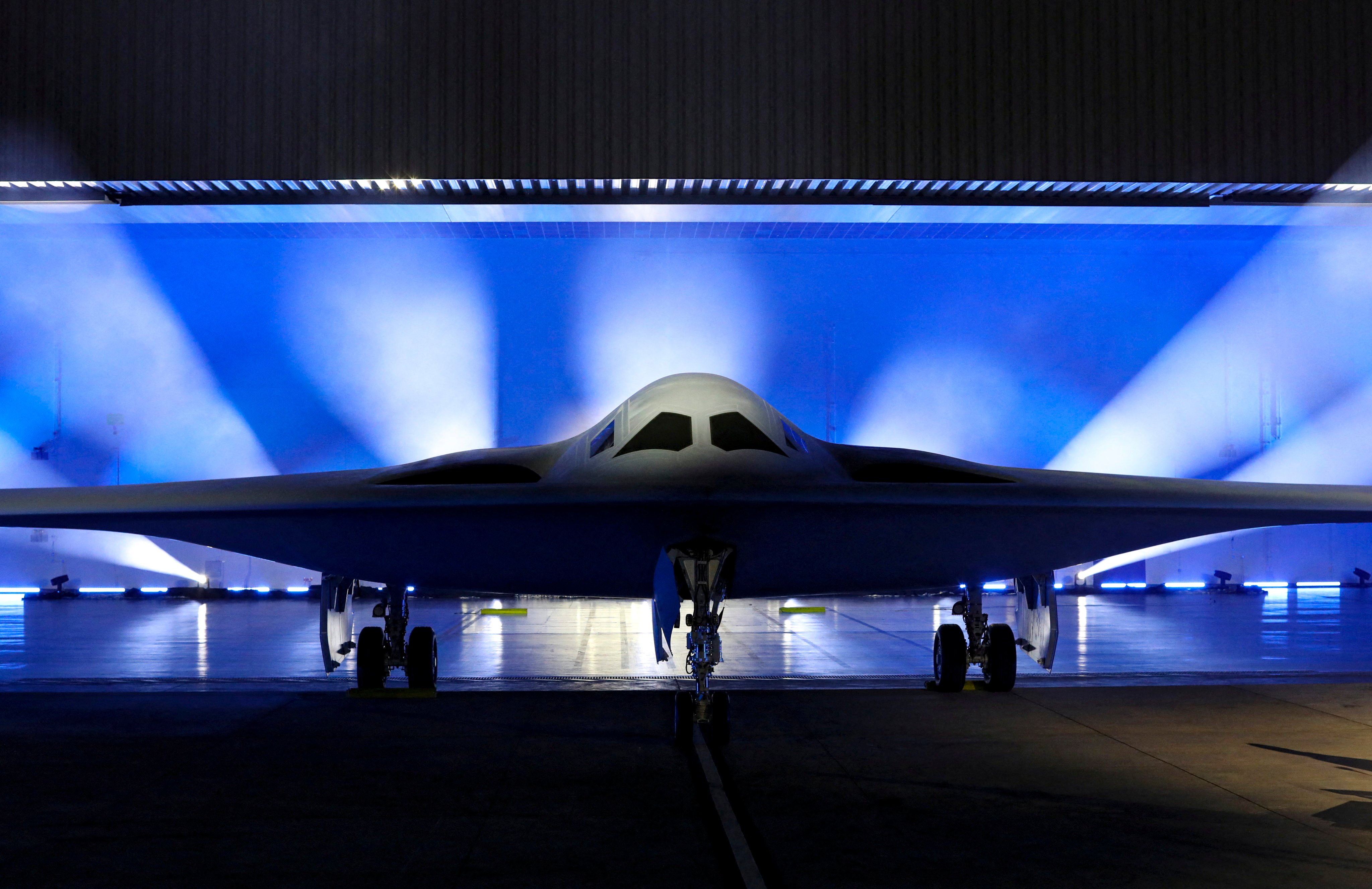 The B-21 Raider goes on display in California, but with many details remaining hidden in the shadows.  Photo: Reuters