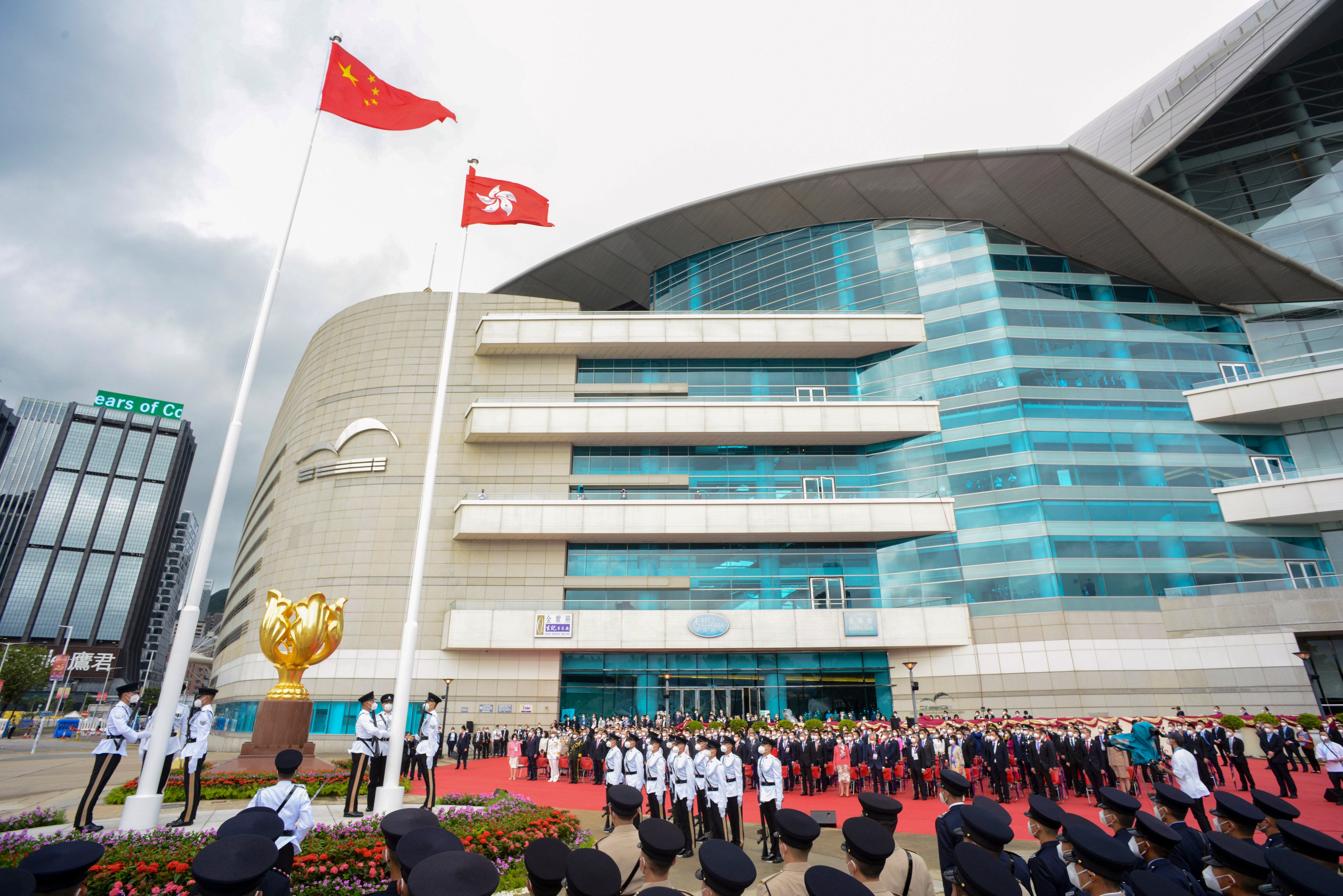 The flag-raising ceremony to celebrate the 25th anniversary of the establishment of the Hong Kong SAR, at Golden Bauhinia Square on July 1. Photo: Information Services Department of the Hong Kong government
