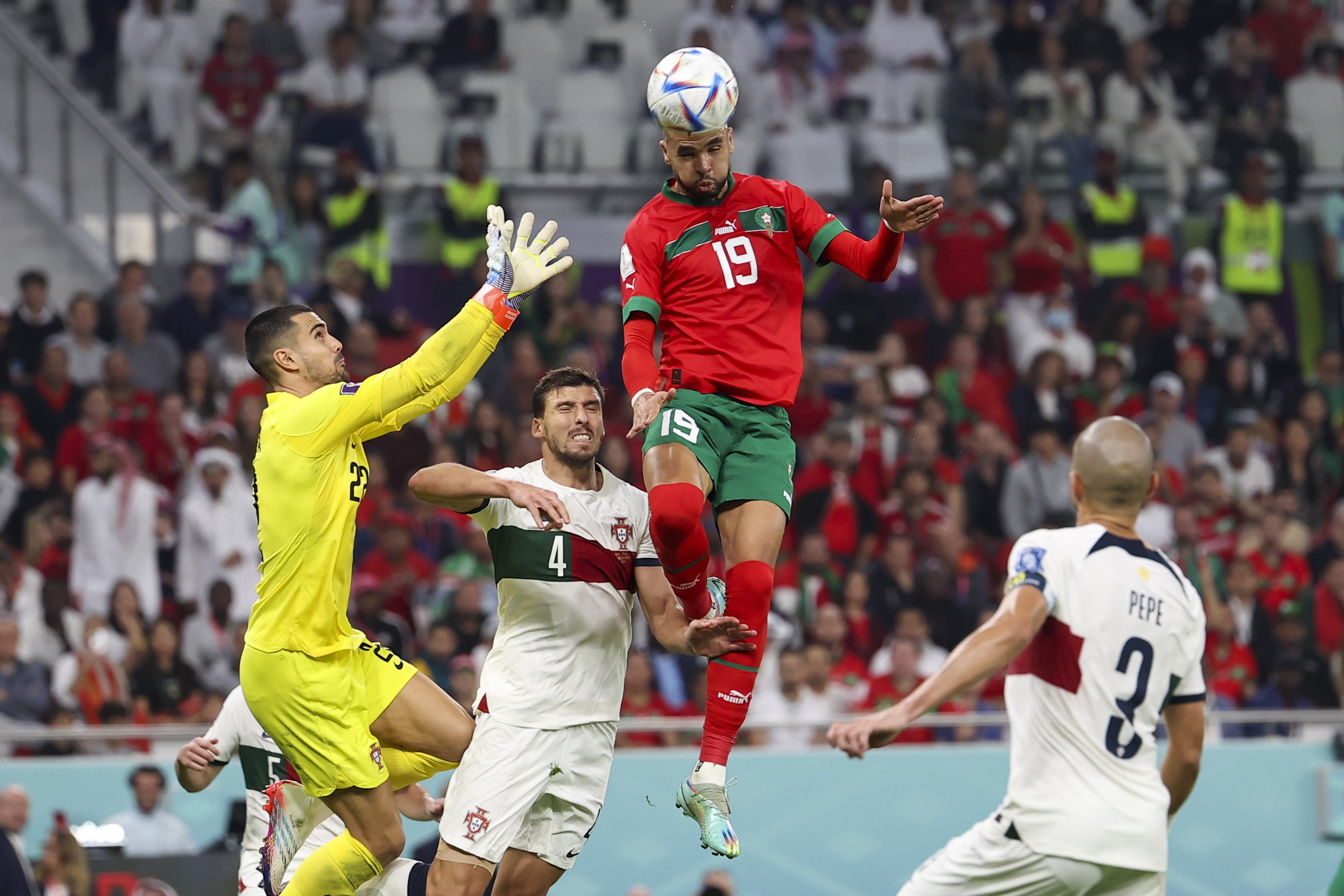 Youssef En-Nesyri leaps to score the opening goal during Morocco’s Fifa World Cup 2022 quarter final match against Portugal in Doha, Qatar on Saturday. Photo: EPA-EFE