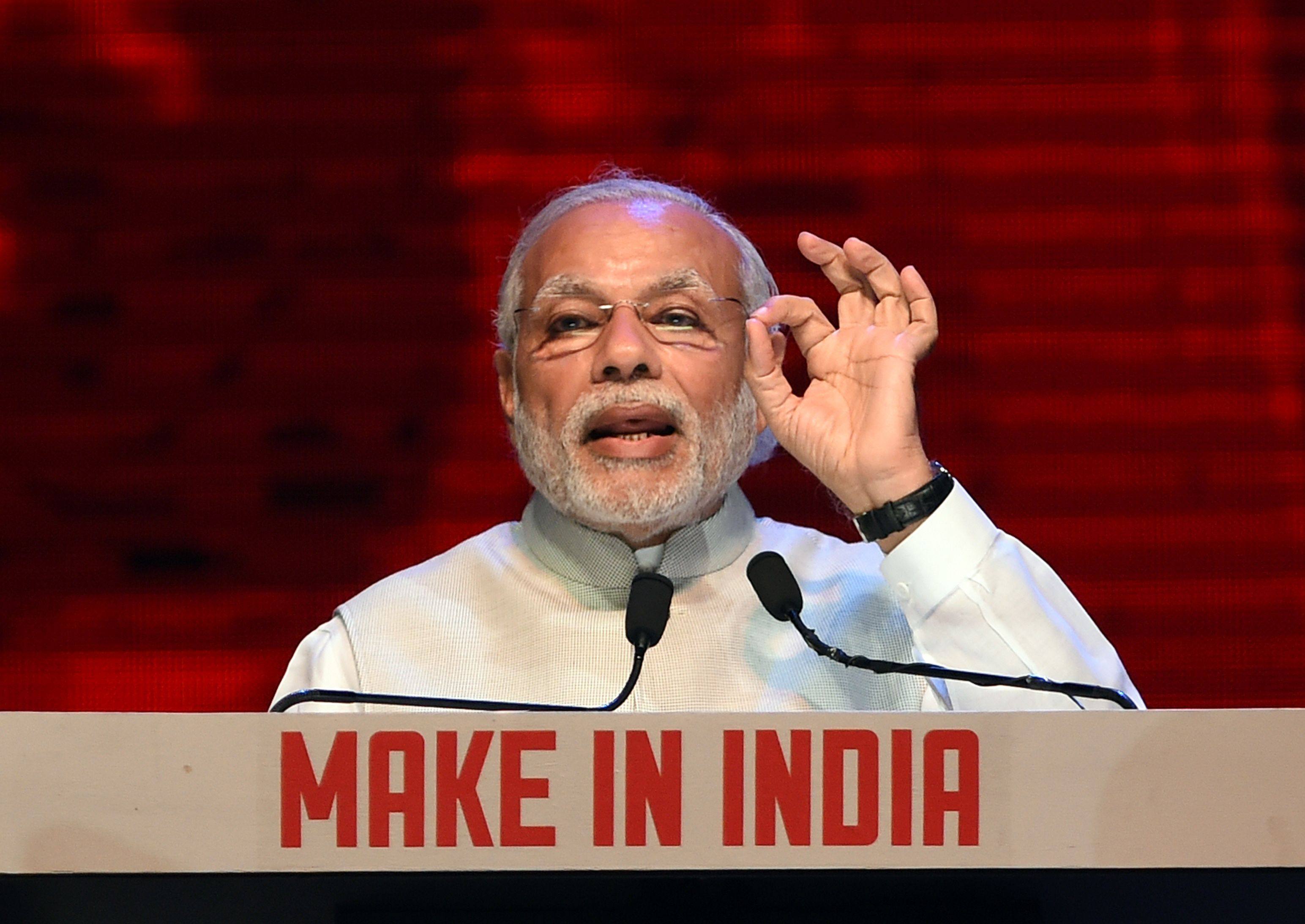 Indian Prime Minister Narendra Modi speaks at the opening ceremony of ‘Make in India Week’ in Mumbai in 2016. Photo: AFP