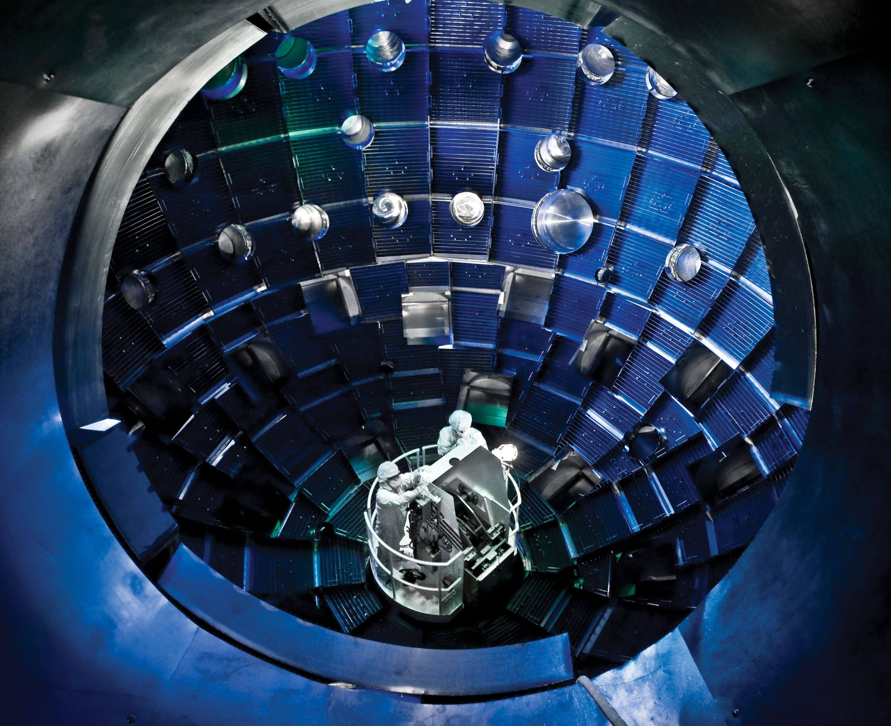 A lift allows technicians to access the target chamber interior for inspection and maintenance at the Lawrence Livermore National Laboratory in Livermore, California. Photo: Lawrence Livermore National Laboratory via AFP