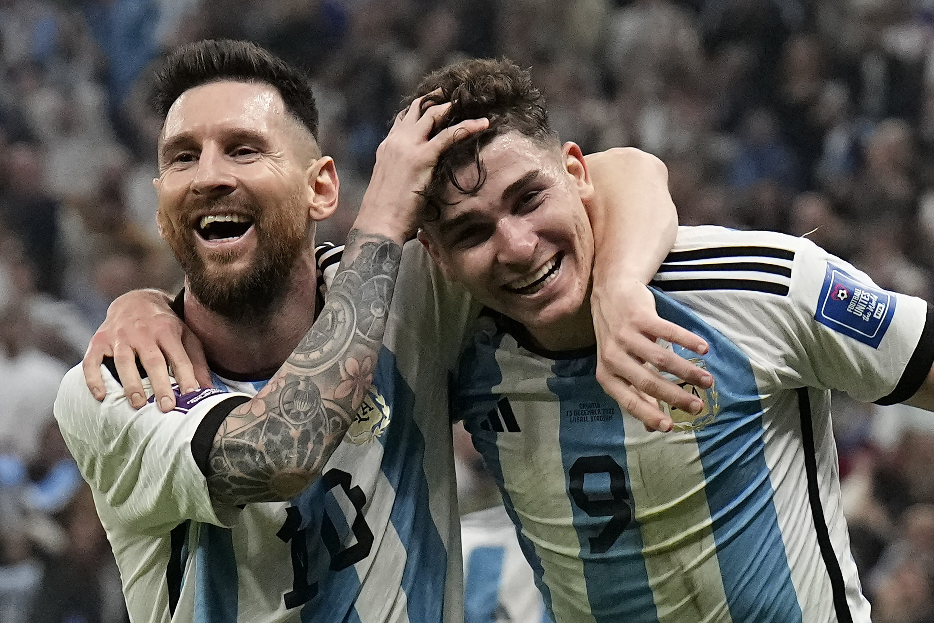 Argentina’s Lionel Messi and Argentina’s Julian Alvarez celebrate after scoring during the World Cup semi-final match against Croatia in Lusail on Tuesday. Photo: AP