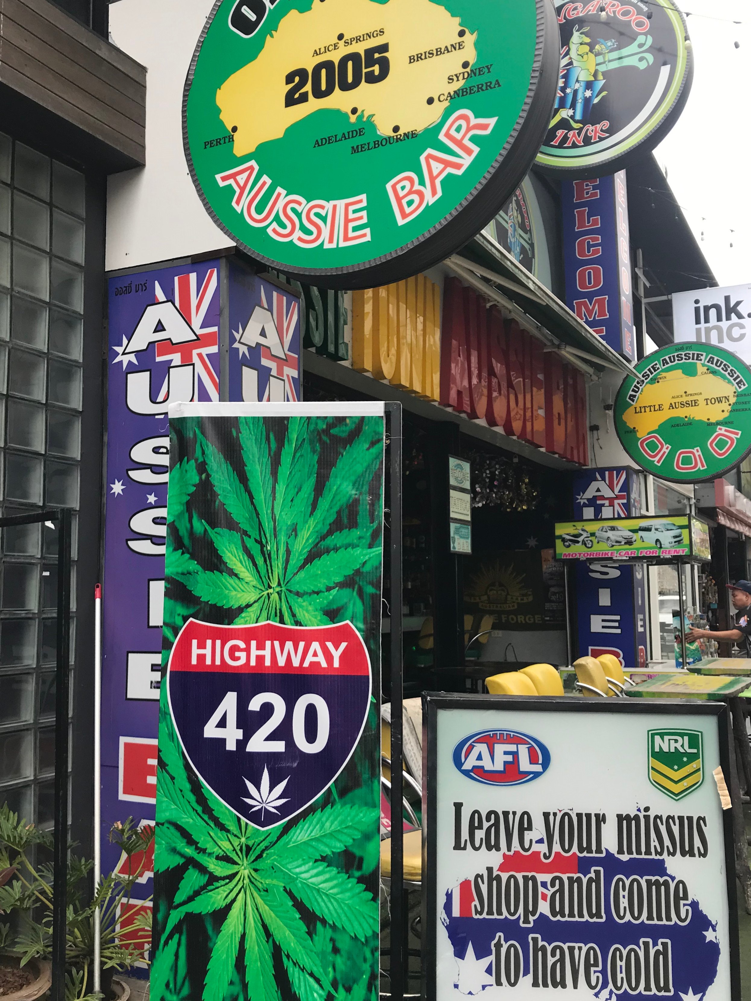 Marijuana signs are now omnipresent in Phuket - even outside this Australian-style pub. Photo: Dave Smith