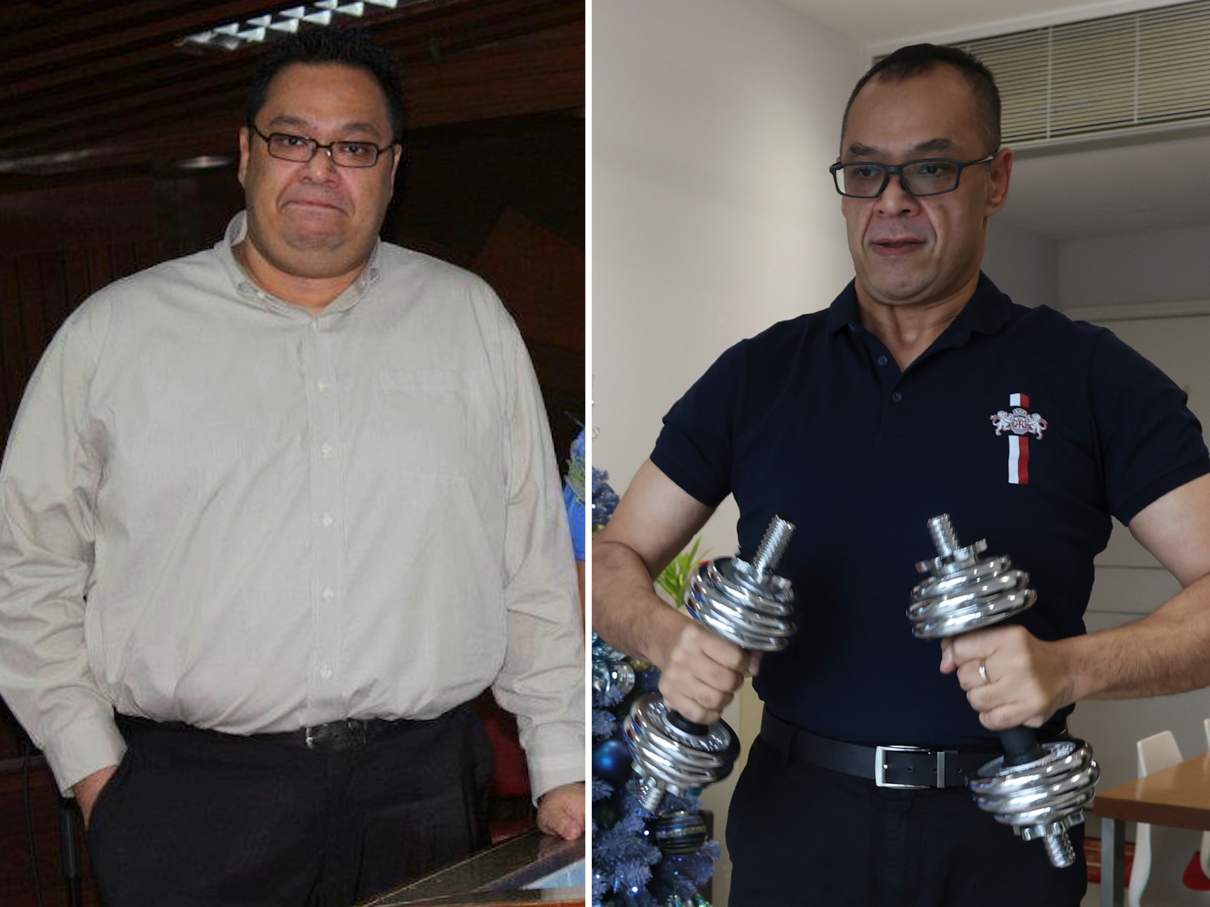 Gill Mahtani in 2011 when he weighed 180kg and in December 2022. A financial consultant in Hong Kong, he used juice fasts and a semi-keto diet to shed 100kg. Photo: Gill Mahtani/Yik Yeung-man