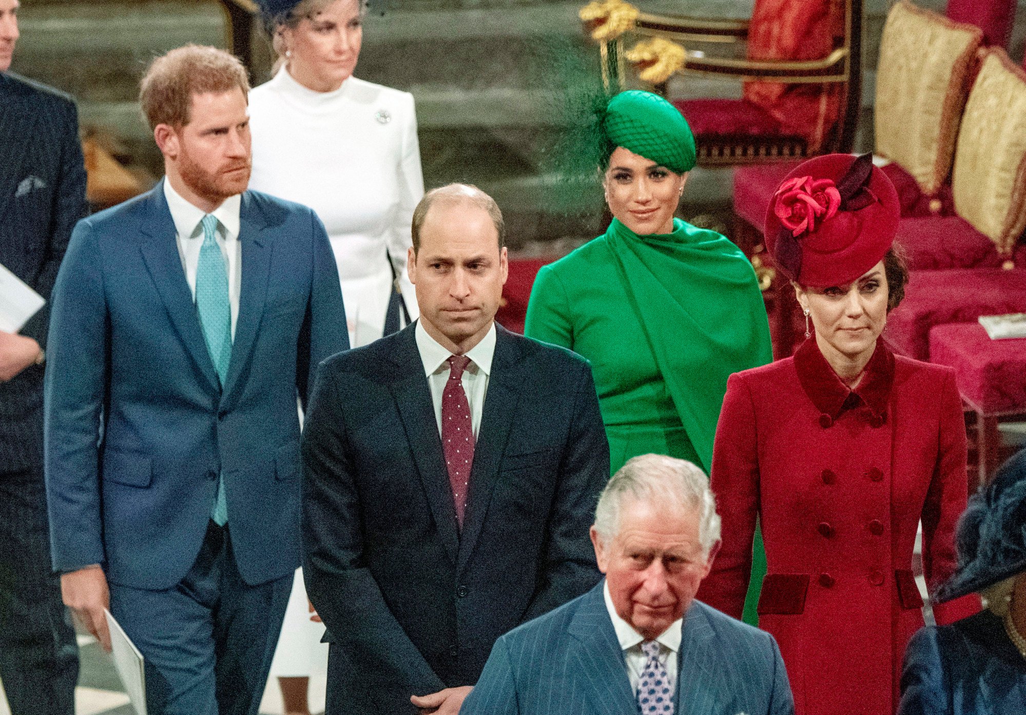 Britain’s Prince Harry and Meghan Duchess of Sussex, Prince William and Kate, Duchess of Cambridge, with Prince Charles, front, as the family members leave the annual Commonwealth Service at Westminster Abbey in London, in March 2020. Photo: AP