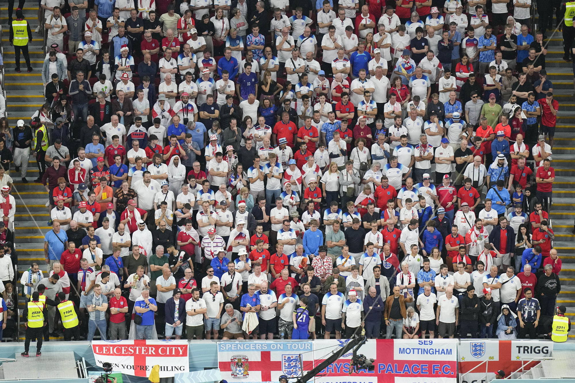England fans watch the World Cup quarter final match between against France at the Al Bayt Stadium. Photo: AP