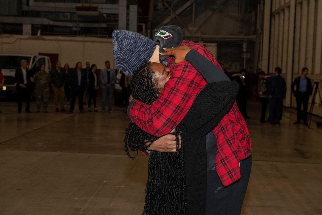 US basketball star Brittney Griner (right) embraces wife Cherelle Griner at an unknown location following her release from prison in Russia. Photo: US Army South vai Reuters
