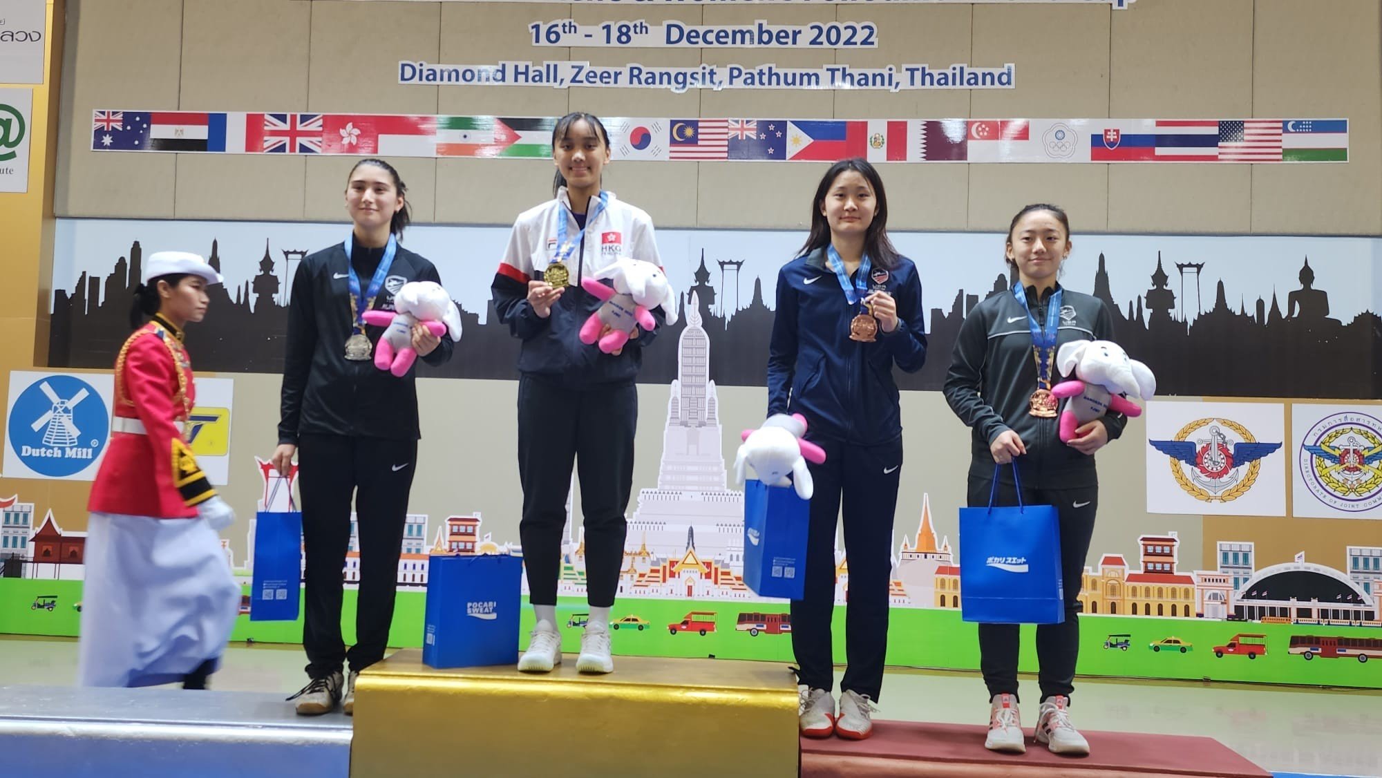 Daphne Chan (centre) won gold at the Junior World Cup in Thailand. Photo: Handout