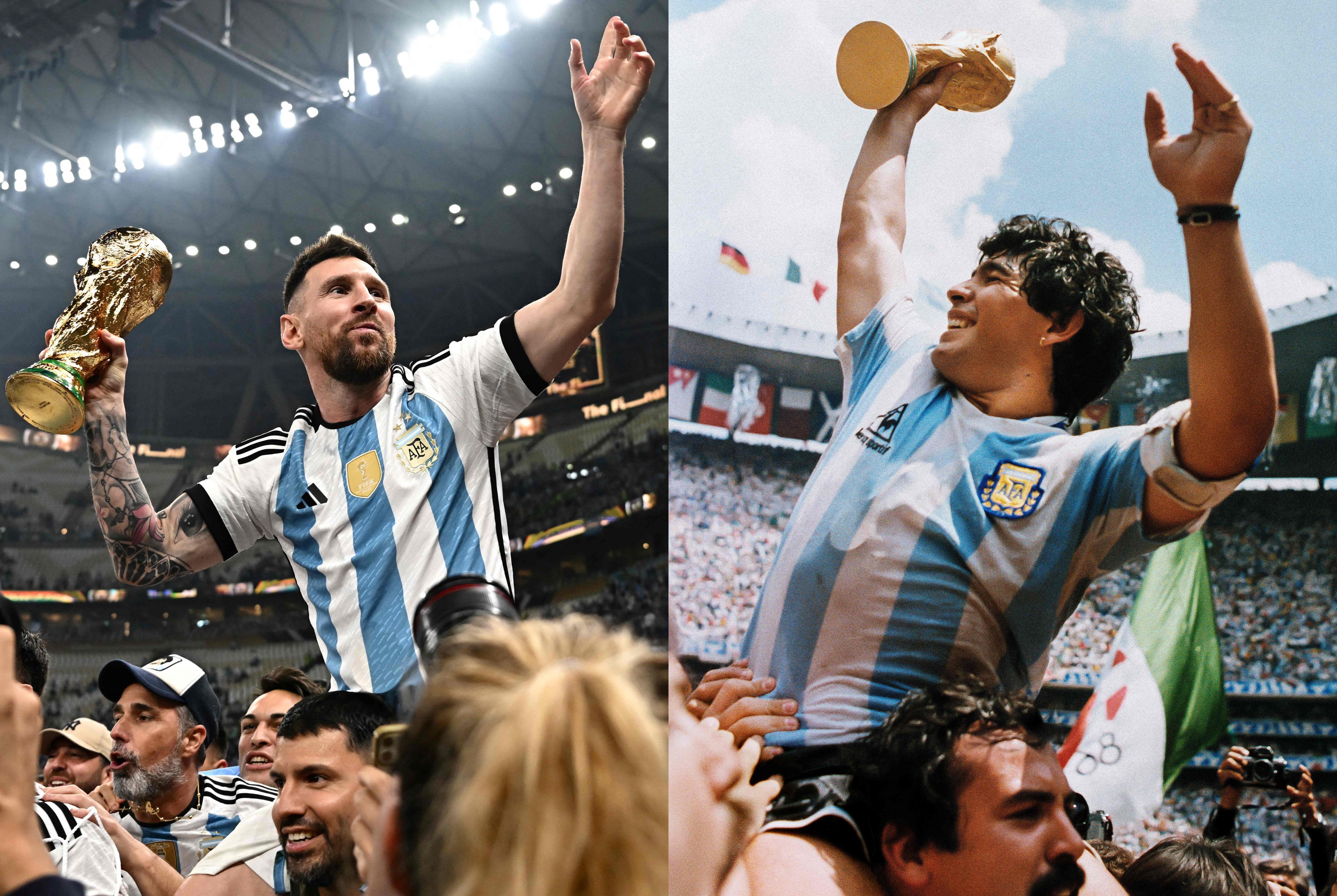 This combination of pictures shows Argentina’s forward Lionel Messi (left) holding the World Cup trophy after beating France during the Qatar 2022 World Cup final football match on Sunday and Argentina’s captain Diego Armando Maradona (right) holding the trophy won by his team after a 3-2 victory over West Germany on June 29, 1986 at the Azteca Stadium in Mexico City. Photo: AFP