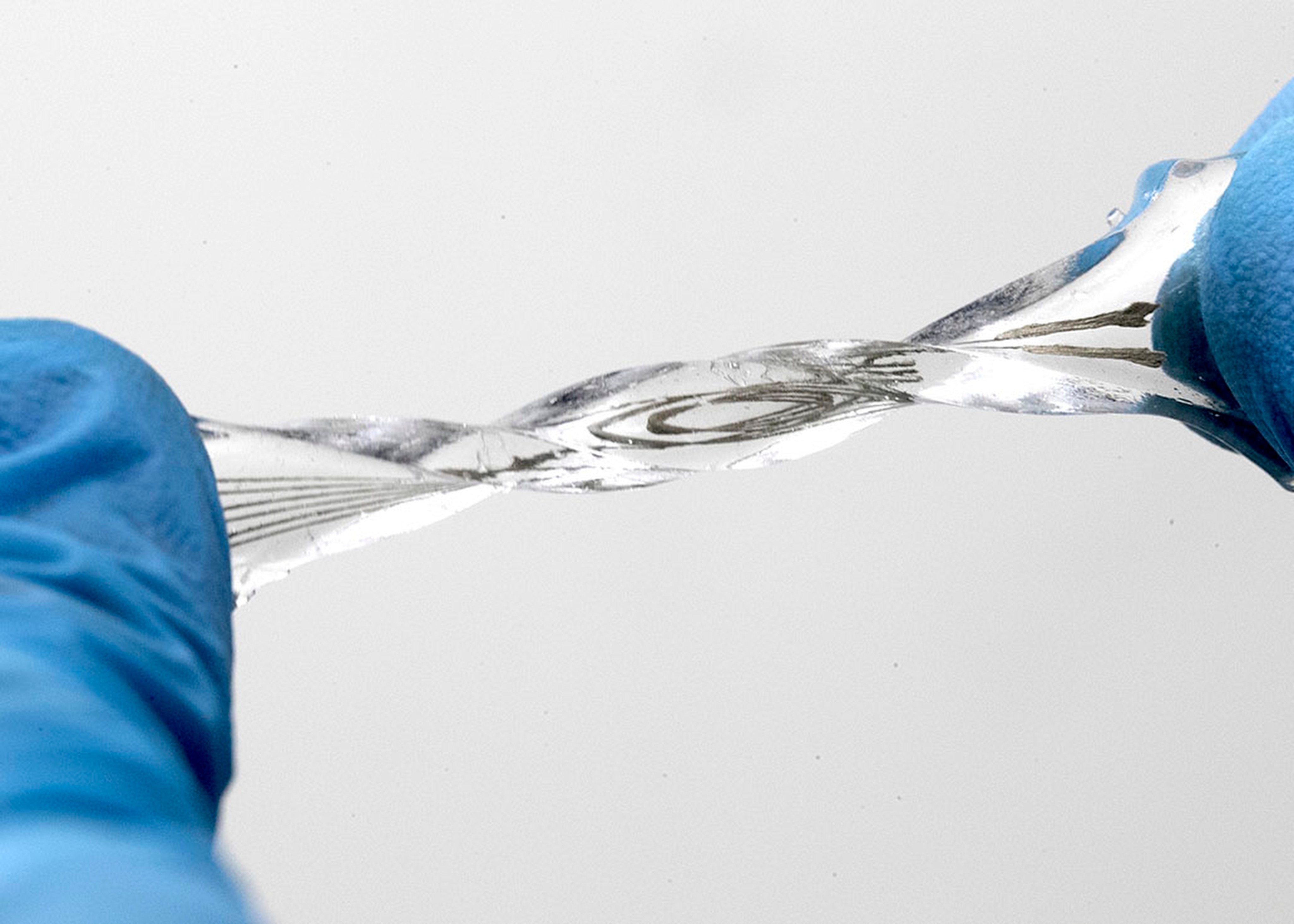 The hydrogel electronic device can be stretched, twisted or compressed and will return to its original shape. Photo: Handout