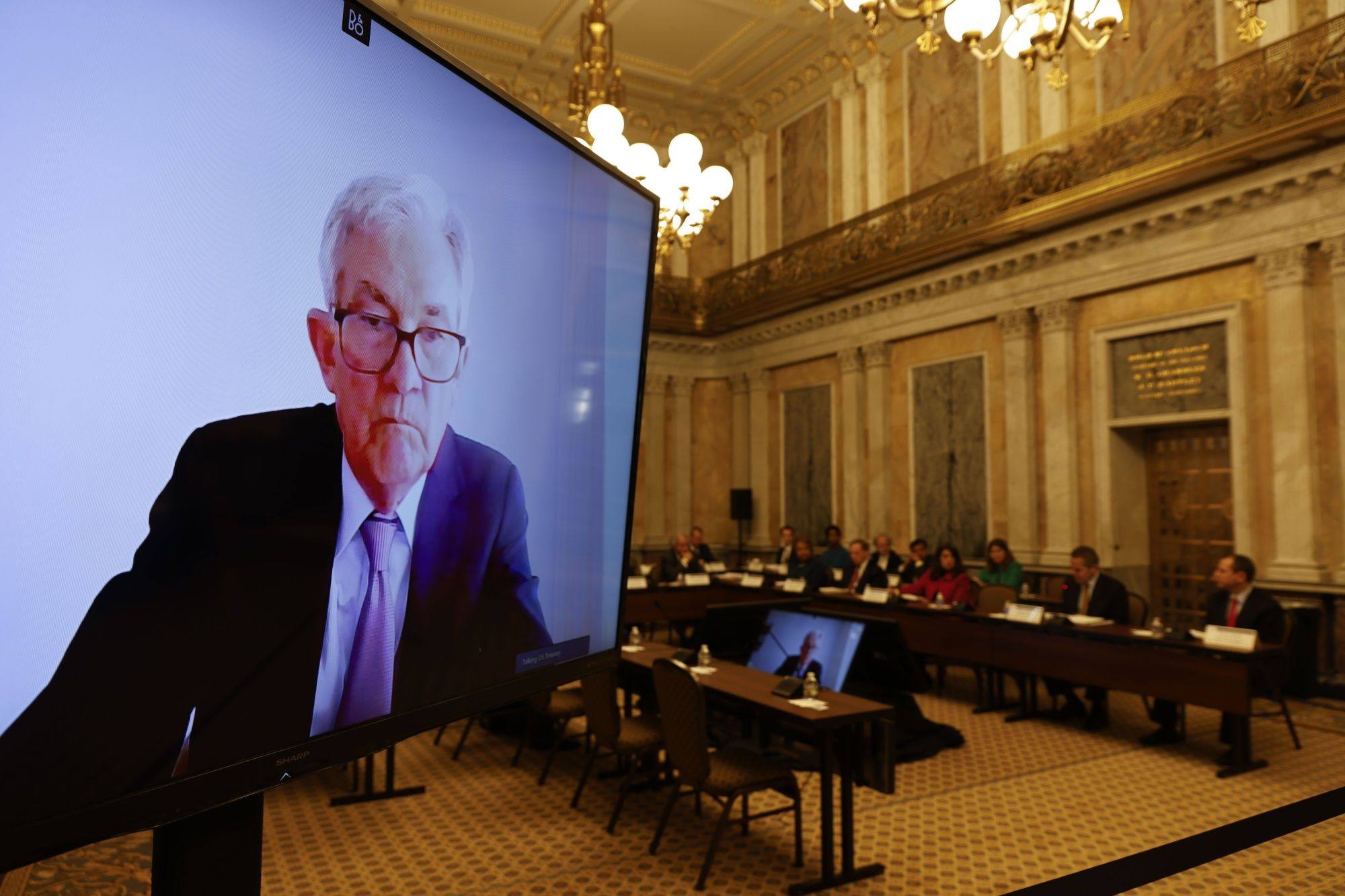 Jerome Powell, chairman of the US Federal Reserve, speaks via teleconference during a Financial Stability Oversight Council meeting at the Treasury Department in Washington on December 16, 2022. Photo: Bloomberg