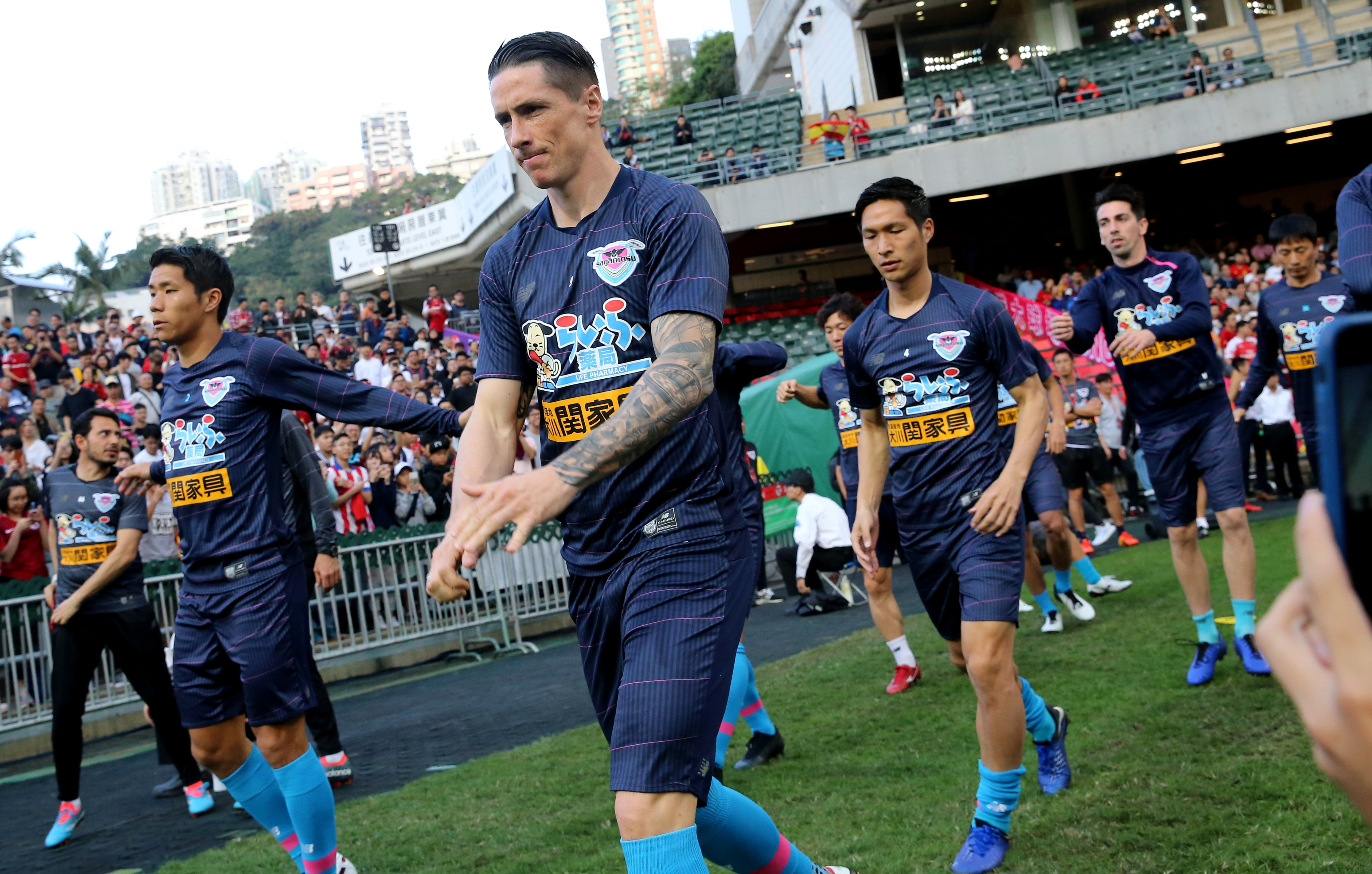 Spanish striker Fernando Torres (centre) of Sagan Tosu from Japan prepares for the 2019 Lunar New Year Cup final against Shandong Luneng. Photo: Dickson Lee