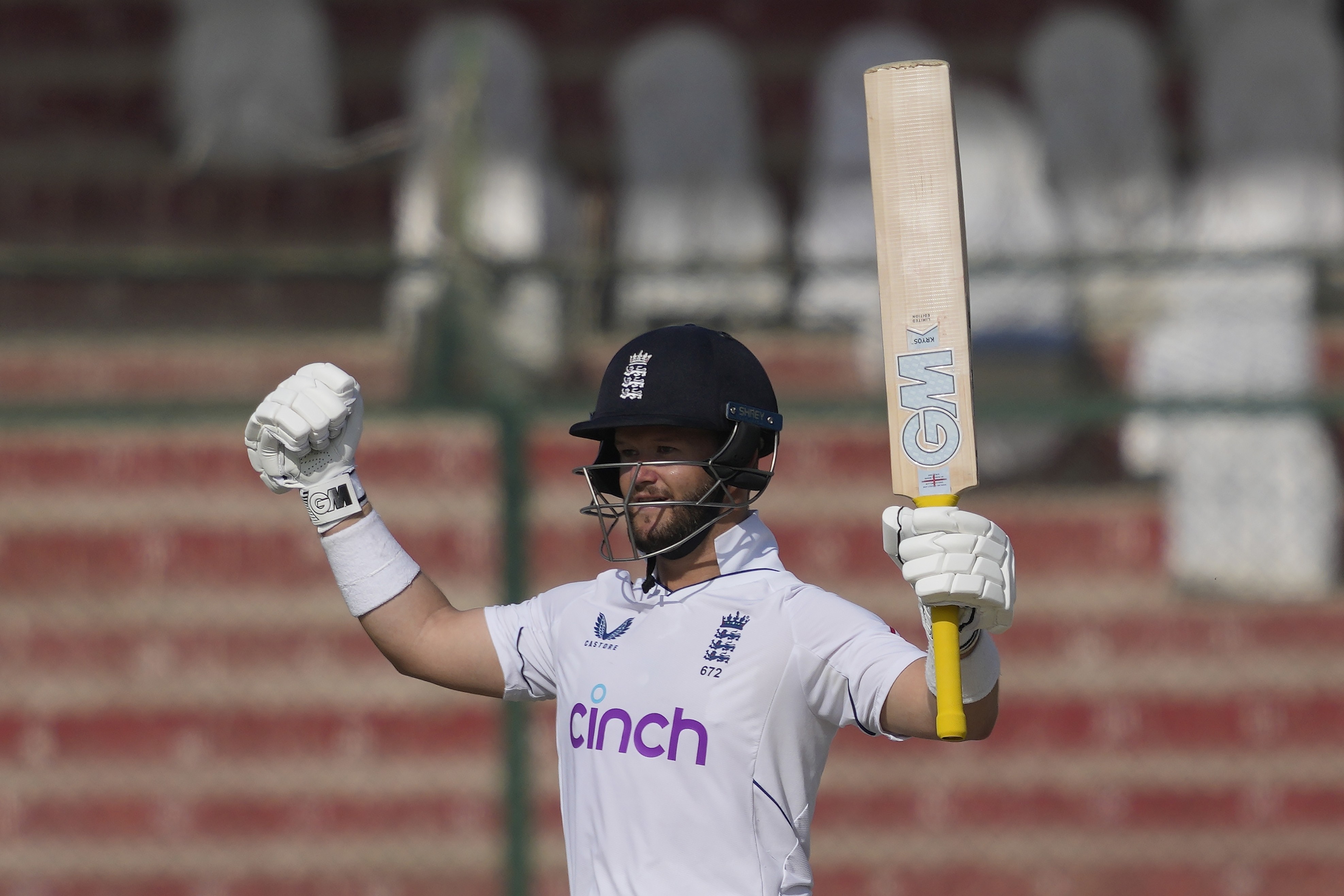 England’s Ben Duckett celebrates after winning the third test against Pakistan. Photo: AP