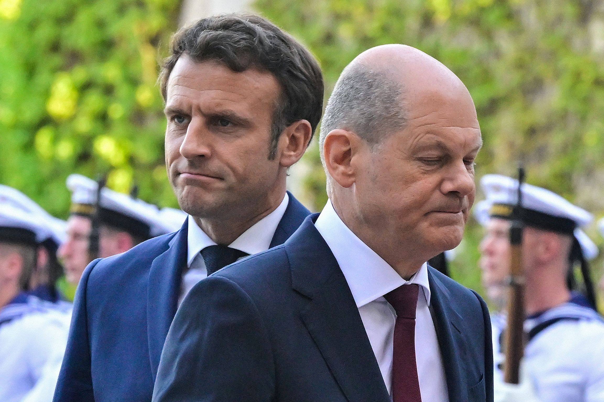 German Chancellor Olaf Scholz (right) and French President Emmanuel Macron inspect an honour guard during a welcome ceremony at the Chancellery in Berlin on May 9. Scholz’s attempts at protecting German interests and competition for European leadership with Macron have complicated Europe’s efforts to reach a coherent China policy. Photo: AFP